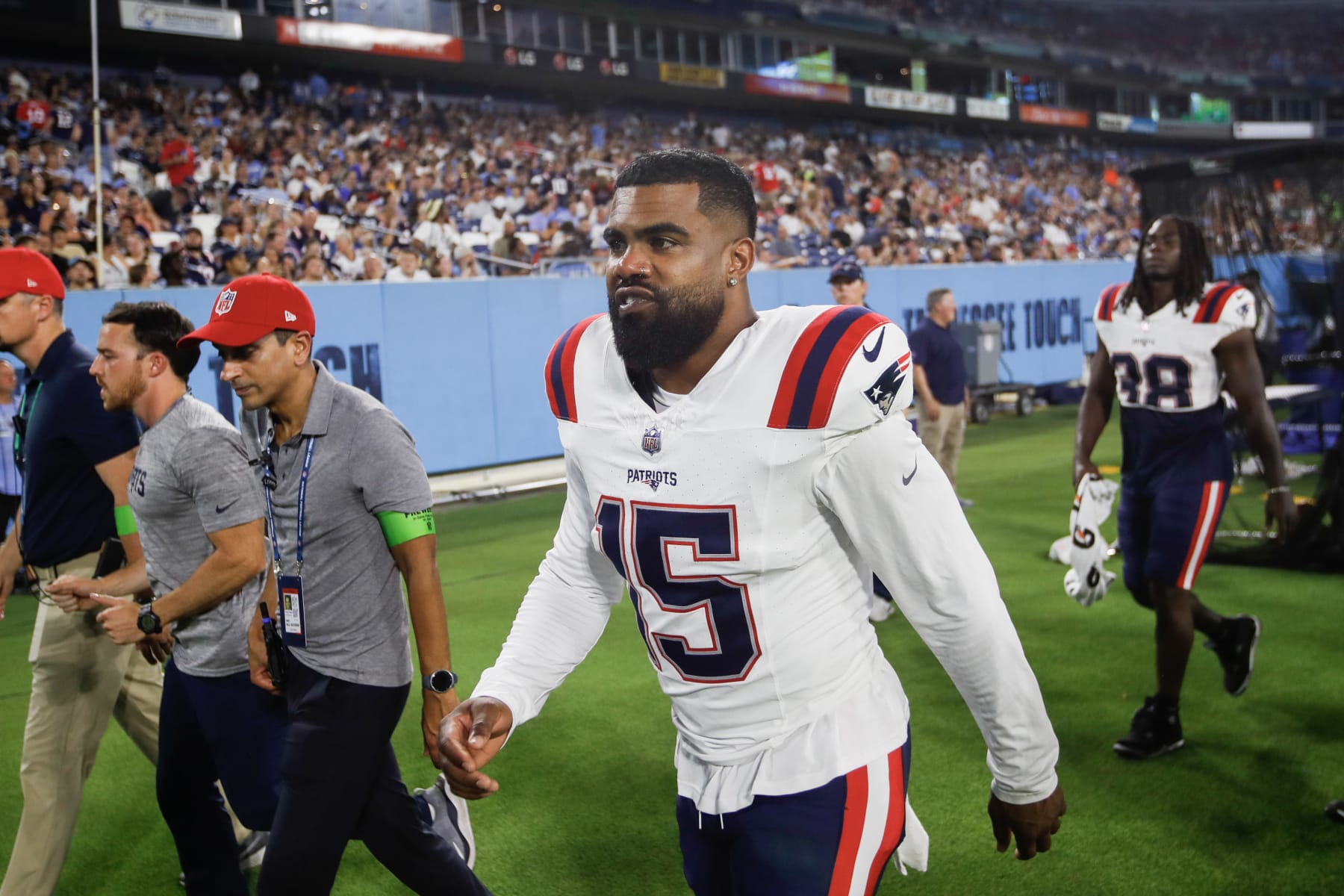 NASHVILLE, TENNESSEE - AUGUST 25: Ezekiel Elliott #15 of the New England Patriots walks off the field at halftime during the preseason game against the Tennessee Titans at Nissan Stadium on August 25, 2023 in Nashville, Tennessee. (Photo by Silas Walker/Getty Images)