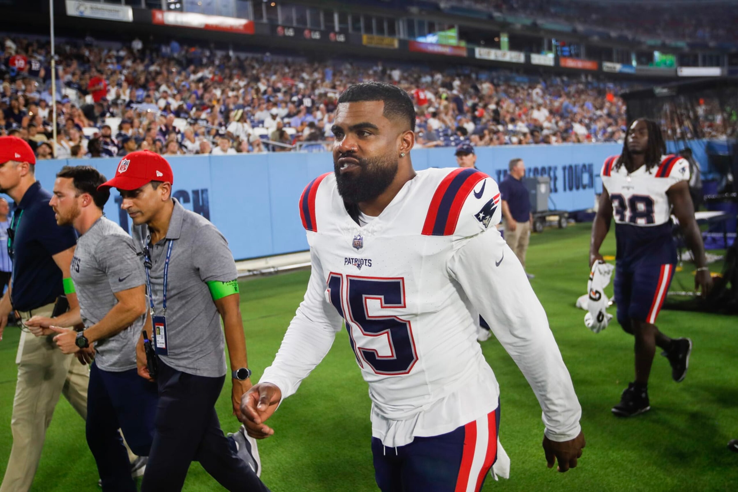 NASHVILLE, TENNESSEE - AUGUST 25: Ezekiel Elliott #15 of the New England Patriots walks off the field at halftime during the preseason game against the Tennessee Titans at Nissan Stadium on August 25, 2023 in Nashville, Tennessee. (Photo by Silas Walker/Getty Images)