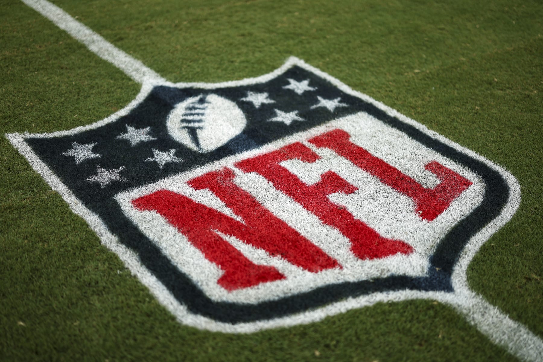 TAMPA, FL - AUGUST 26: An NFL shield logo is painted on the field prior to an NFL preseason football game between the Tampa Bay Buccaneers and the Baltimore Ravens at Raymond James Stadium on August 26, 2023 in Tampa, Florida. (Photo by Kevin Sabitus/Getty Images)