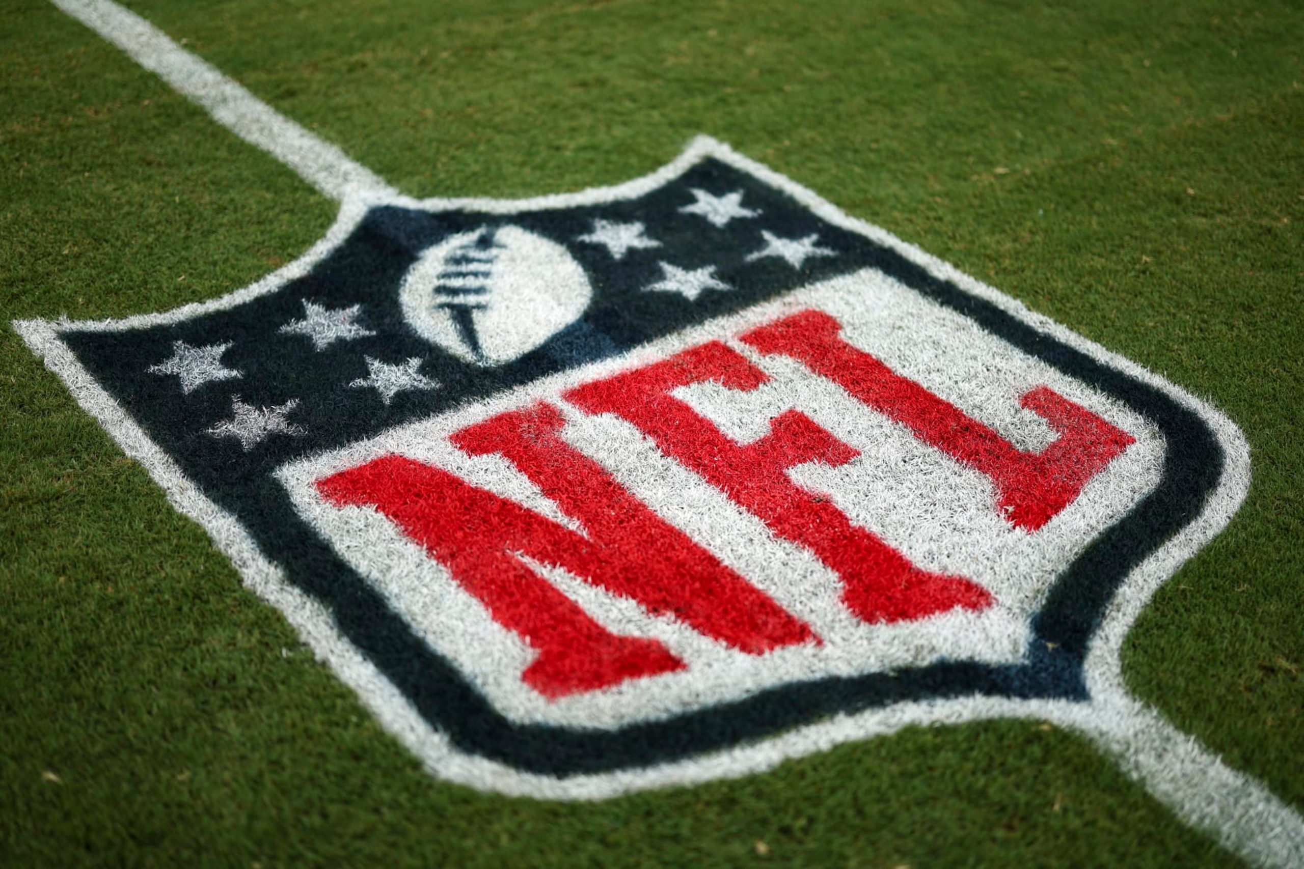 TAMPA, FL - AUGUST 26: An NFL shield logo is painted on the field prior to an NFL preseason football game between the Tampa Bay Buccaneers and the Baltimore Ravens at Raymond James Stadium on August 26, 2023 in Tampa, Florida. (Photo by Kevin Sabitus/Getty Images)