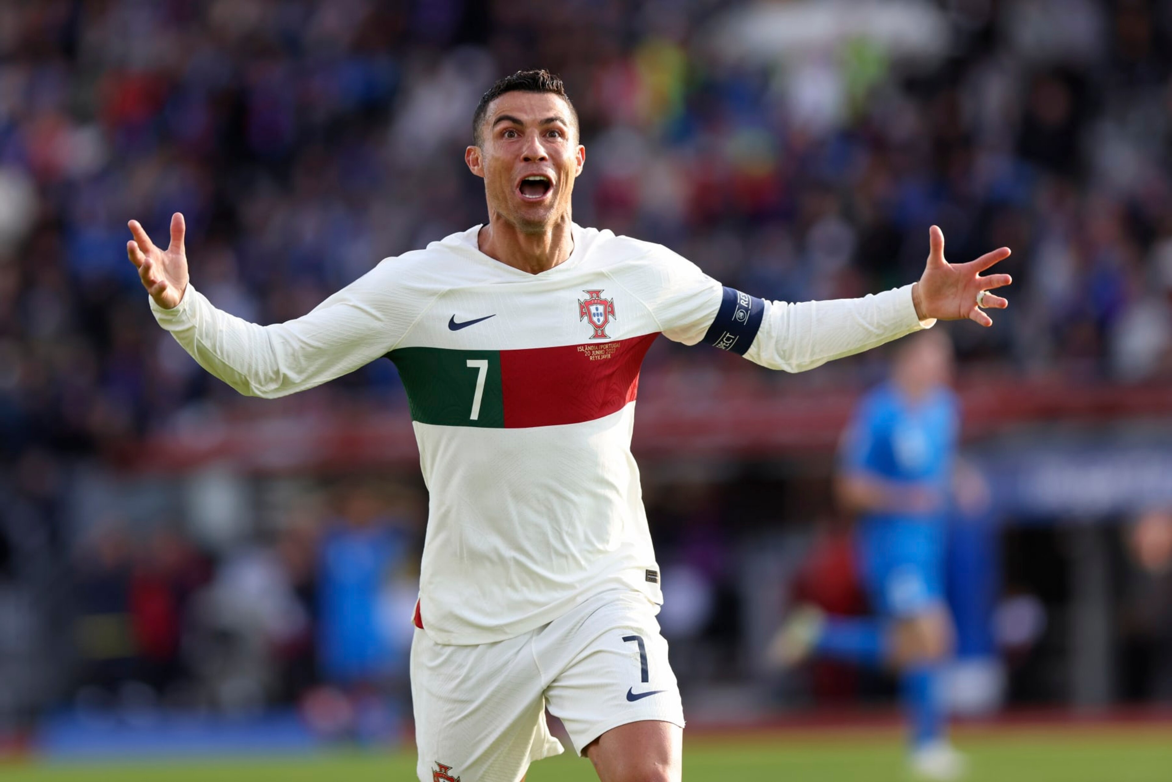 Portugal's Cristiano Ronaldo celebrates after scoring his side's first goal during the Euro 2024 group J qualifying soccer match between Iceland and Portugal in Reykjavรญk, Iceland, Tuesday, June 20, 2023. (AP Photo/รrni Torfason) Portugal's Cristiano Ronaldo celebrates after scoring his side's first goal during the Euro 2024 group J qualifying soccer match between Iceland and Portugal in Reykjavรญk, Iceland, Tuesday, June 20, 2023. (AP Photo/รrni Torfason)