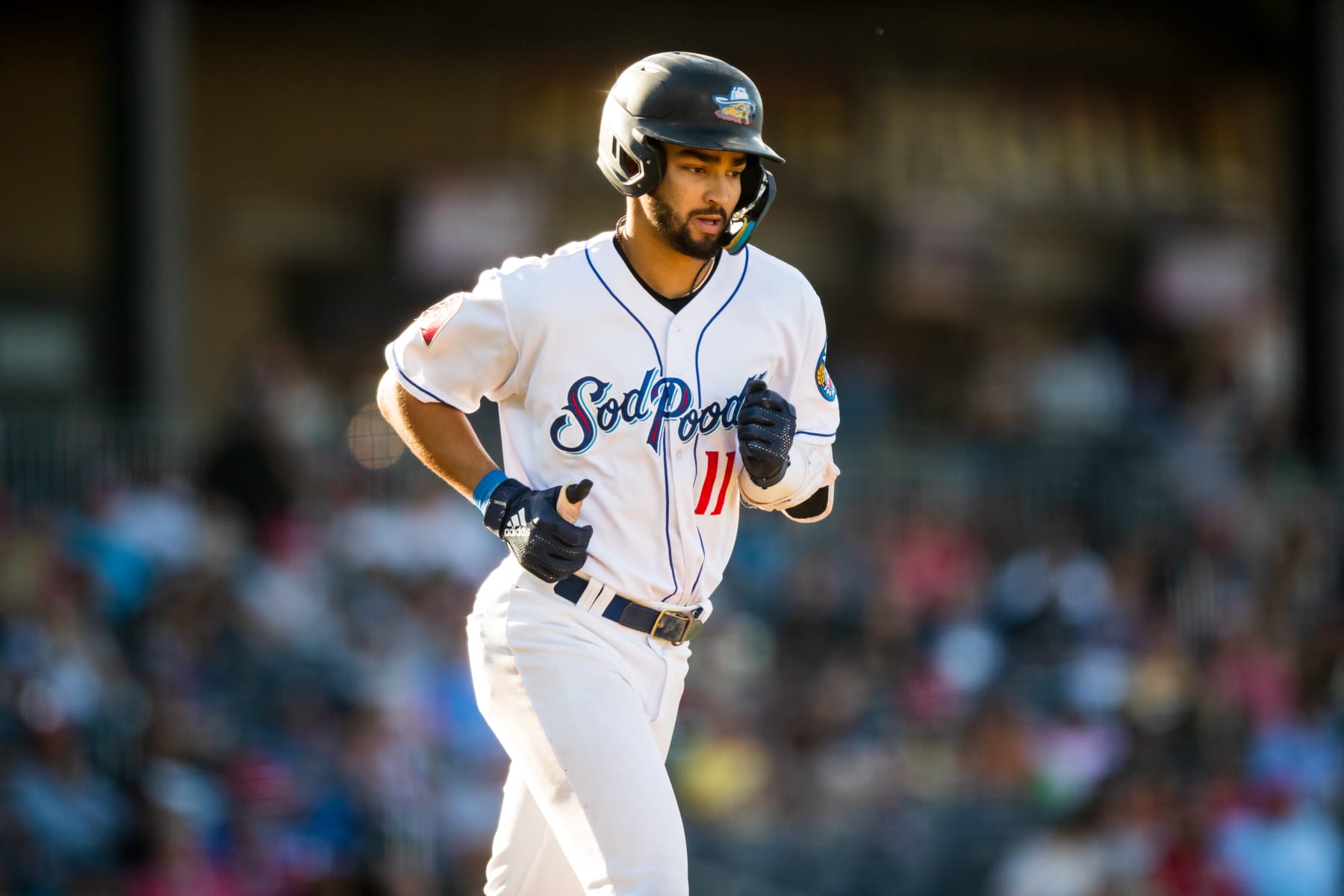 AMARILLO, TEXAS - JULY 23: Jordan Lawlar #11 of the Amarillo Sod Poodles jogs to first base during the game against the Wichita Wind Surge at HODGETOWN Stadium on July 23, 2023 in Amarillo, Texas. (Photo by John E. Moore III/Getty Images)