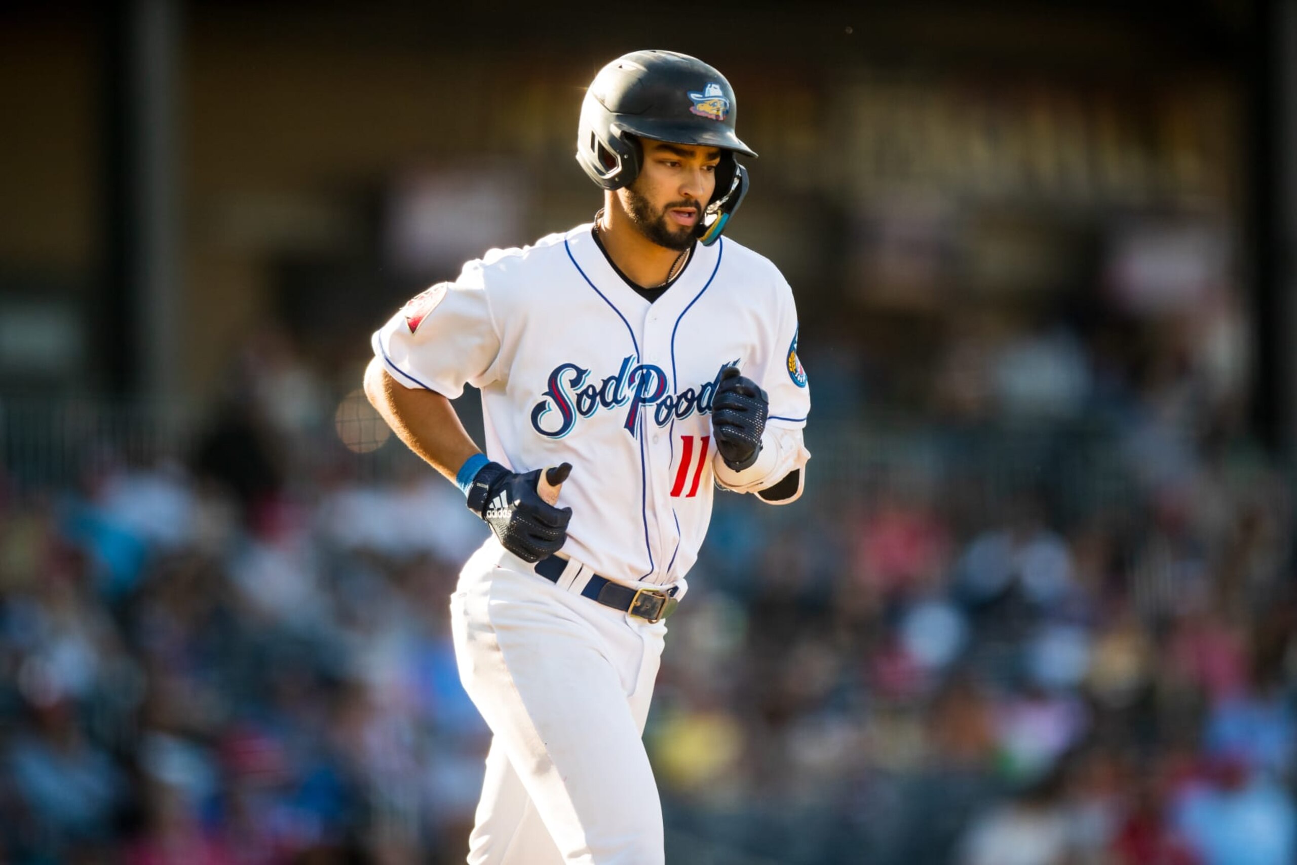 AMARILLO, TEXAS - JULY 23: Jordan Lawlar #11 of the Amarillo Sod Poodles jogs to first base during the game against the Wichita Wind Surge at HODGETOWN Stadium on July 23, 2023 in Amarillo, Texas. (Photo by John E. Moore III/Getty Images)