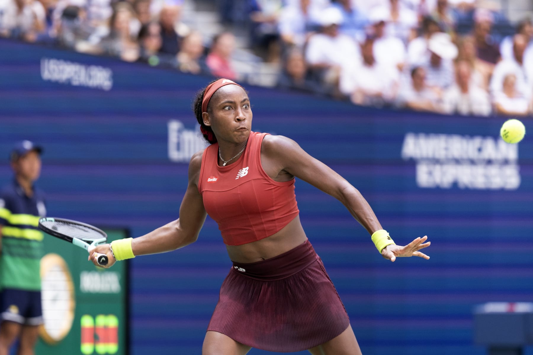 NEW YORK, USA:  September 5:  Coco Gauff of the United States in action against Jelena Ostapenko of Latvia in the Women's Singles Quarter-Finals match on Arthur Ashe Stadium during the US Open Tennis Championship 2023 at the USTA National Tennis Centre on September 5th, 2023 in Flushing, Queens, New York City.  (Photo by Tim Clayton/Corbis via Getty Images)