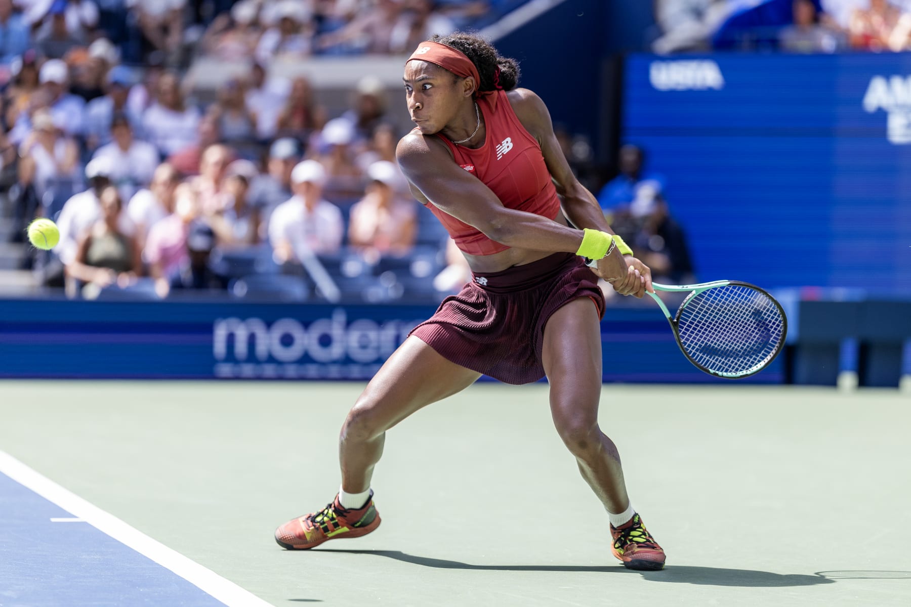 NEW YORK, USA:  September 5:  Coco Gauff of the United States in action against Jelena Ostapenko of Latvia in the Women's Singles Quarter-Finals match on Arthur Ashe Stadium during the US Open Tennis Championship 2023 at the USTA National Tennis Centre on September 5th, 2023 in Flushing, Queens, New York City.  (Photo by Tim Clayton/Corbis via Getty Images)