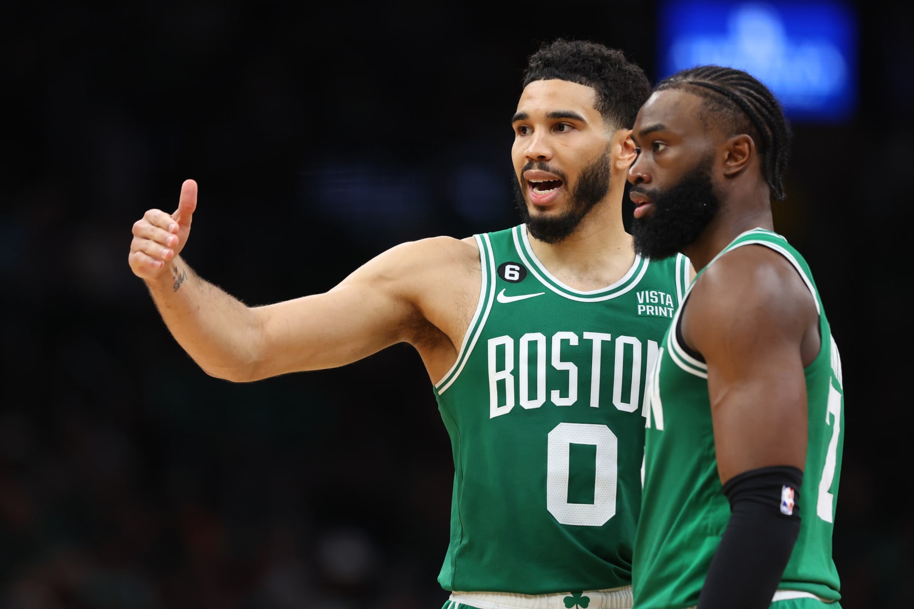 BOSTON, MASSACHUSETTS - MAY 25: Jayson Tatum #0 talks with Jaylen Brown #7 of the Boston Celtics against the Miami Heat during the fourth quarter in game five of the Eastern Conference Finals at TD Garden on May 25, 2023 in Boston, Massachusetts. NOTE TO USER: User expressly acknowledges and agrees that, by downloading and or using this photograph, User is consenting to the terms and conditions of the Getty Images License Agreement. (Photo by Maddie Meyer/Getty Images)