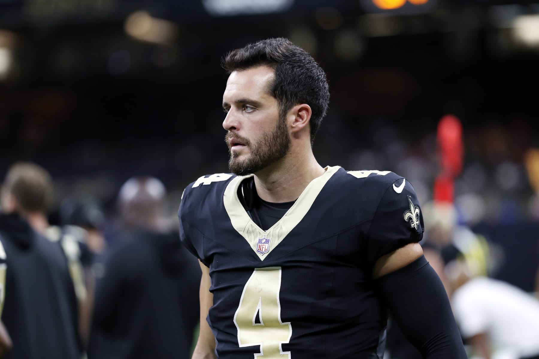New Orleans Saints quarterback Derek Carr (4) during an NFL preseason football game against the Kansas City Chiefs, Sunday, Aug. 13, 2023, in New Orleans. (AP Photo/Tyler Kaufman)