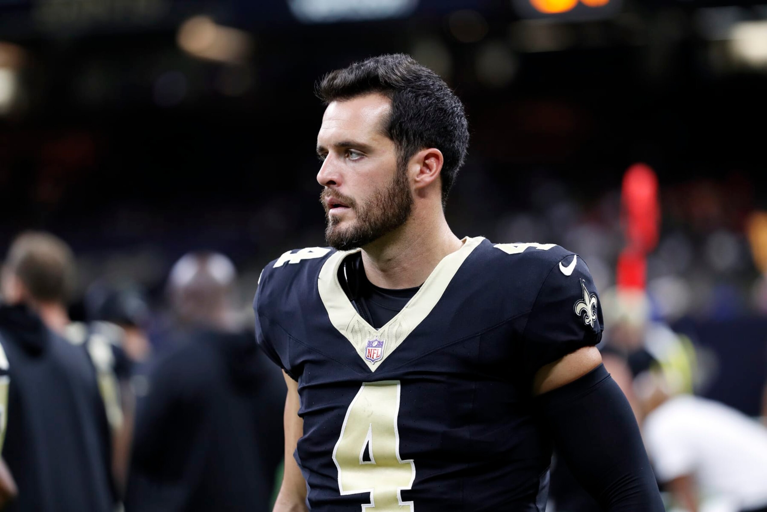 New Orleans Saints quarterback Derek Carr (4) during an NFL preseason football game against the Kansas City Chiefs, Sunday, Aug. 13, 2023, in New Orleans. (AP Photo/Tyler Kaufman)