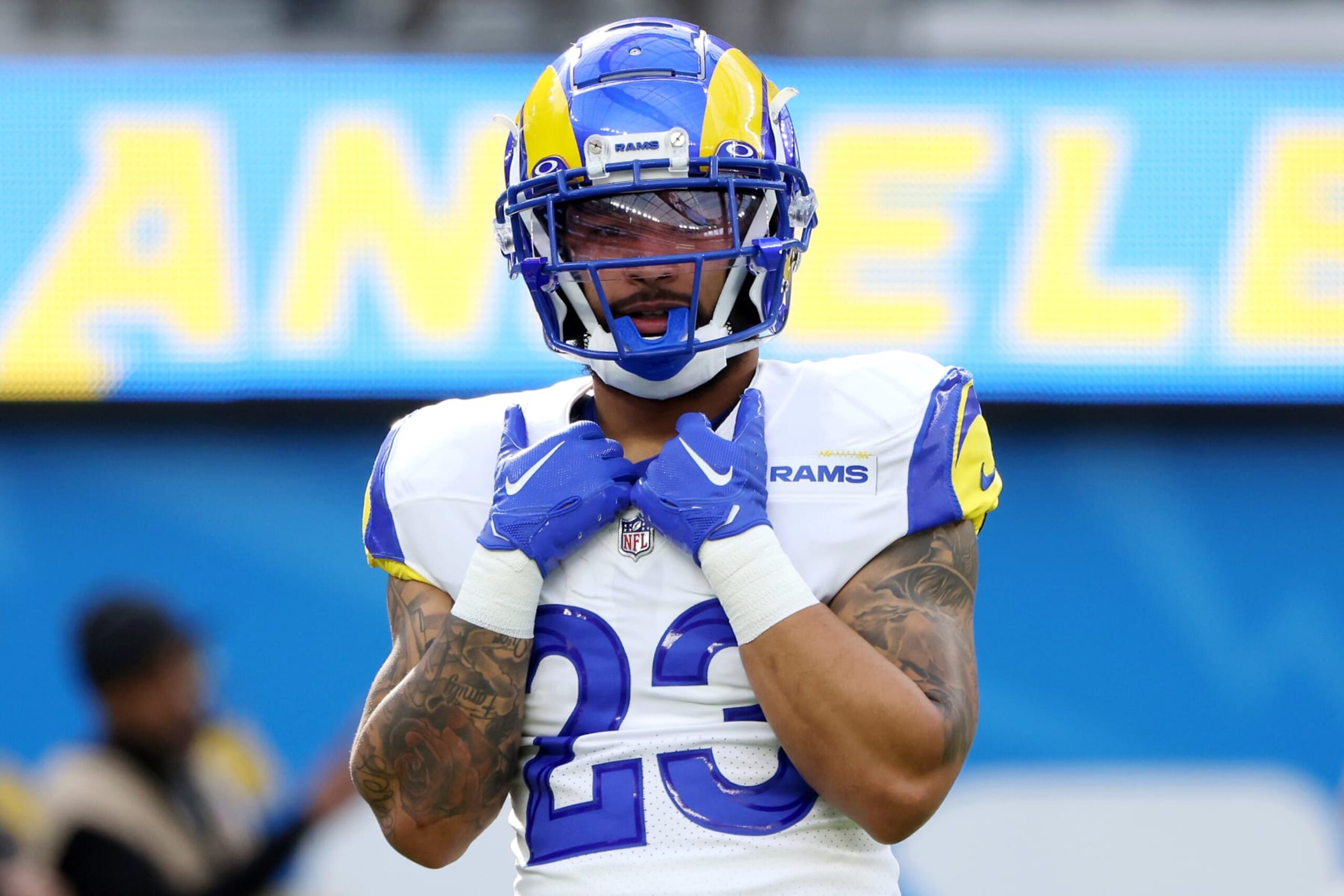 INGLEWOOD, CALIFORNIA - JANUARY 01: Kyren Williams #23 of the Los Angeles Rams warms up prior to the game against the Los Angeles Chargers at SoFi Stadium on January 01, 2023 in Inglewood, California. (Photo by Katelyn Mulcahy/Getty Images)