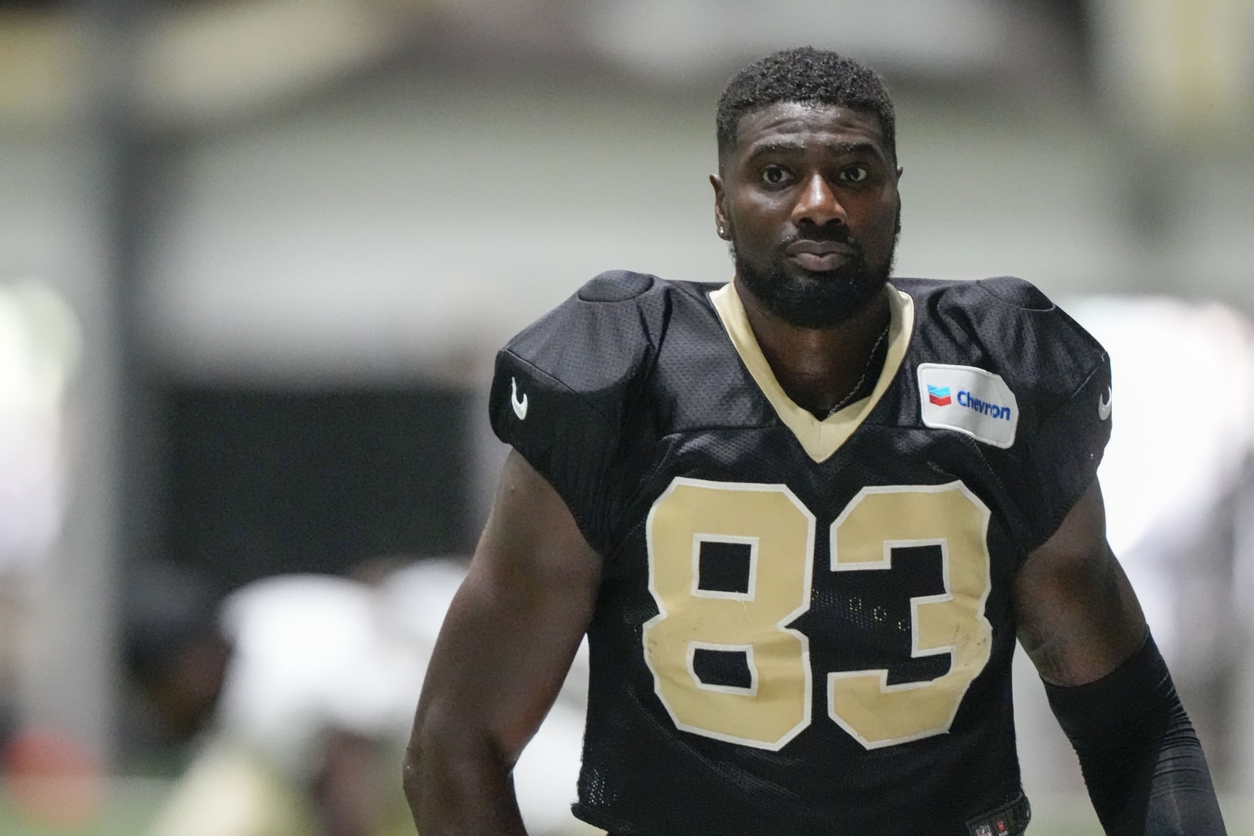New Orleans Saints tight end Juwan Johnson (83) runs through drills at the NFL team's football training camp in Metairie, La., Wednesday, Aug. 2, 2023. (AP Photo/Gerald Herbert)