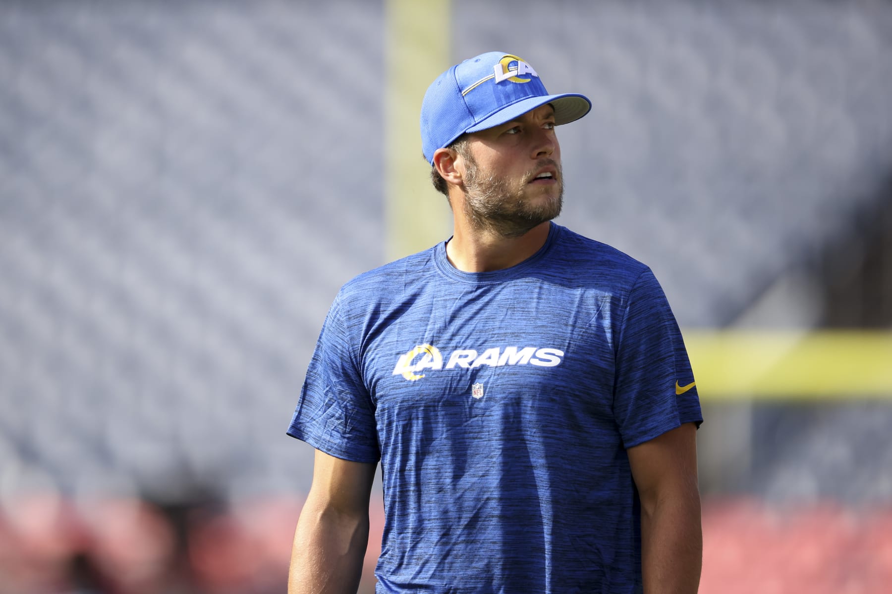 DENVER, COLORADO - AUGUST 26: Matthew Stafford #9 of the Los Angeles Rams looks on during warmups before the preseason game against the Denver Broncos at Empower Field At Mile High on August 26, 2023 in Denver, Colorado. (Photo by Tyler Schank/Clarkson Creative/Getty Images)