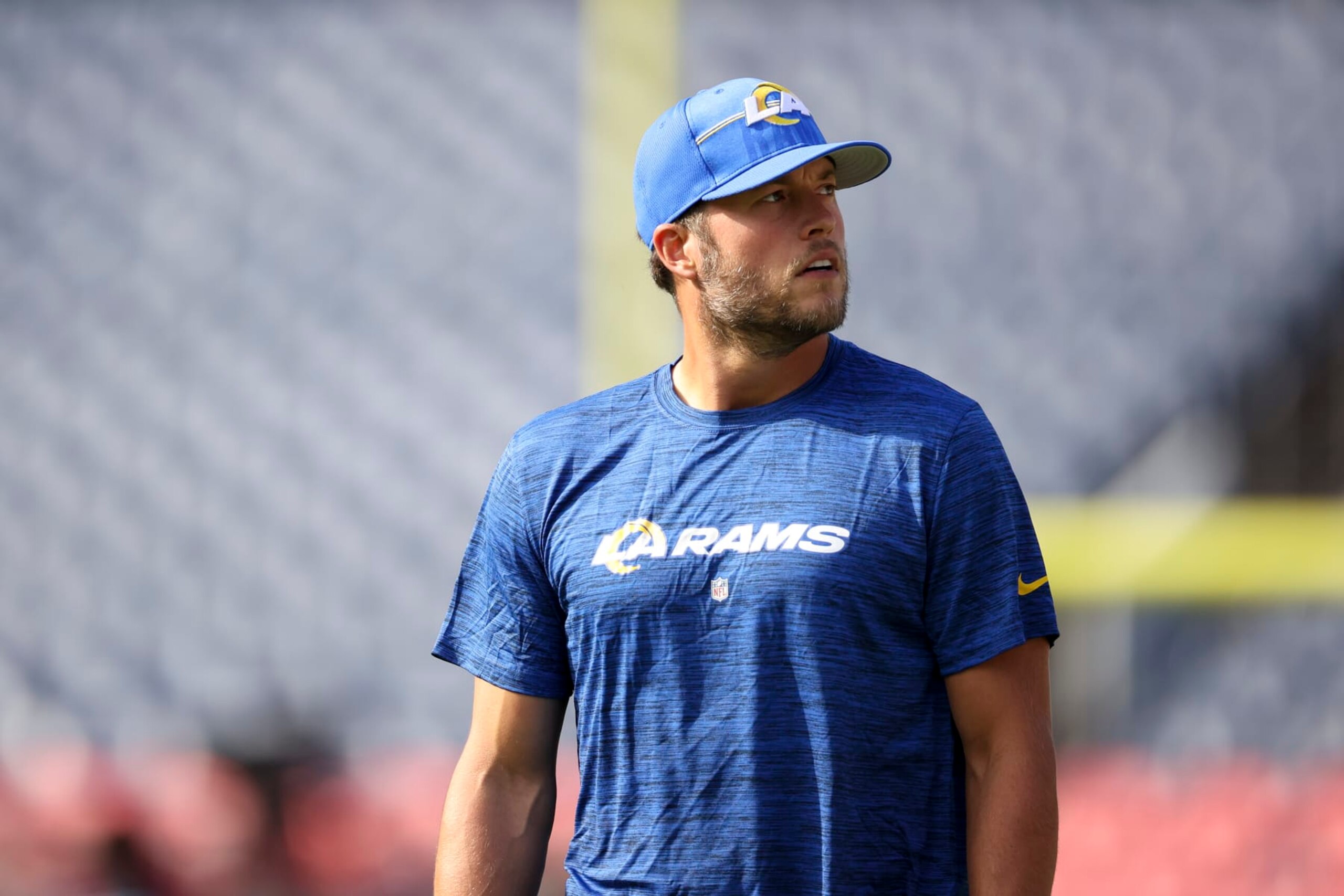 DENVER, COLORADO - AUGUST 26: Matthew Stafford #9 of the Los Angeles Rams looks on during warmups before the preseason game against the Denver Broncos at Empower Field At Mile High on August 26, 2023 in Denver, Colorado. (Photo by Tyler Schank/Clarkson Creative/Getty Images)