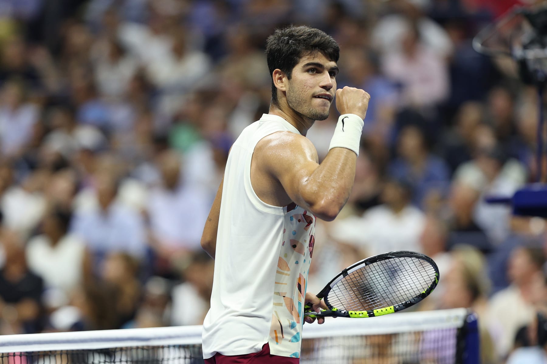 NEW YORK, NEW YORK - SEPTEMBER 06: Carlos Alcaraz of Spain celebrates a point against Alexander Zverev of Germany during their Men's Singles Quarterfinal match on Day Ten of the 2023 US Open at the USTA Billie Jean King National Tennis Center on September 06, 2023 in the Flushing neighborhood of the Queens borough of New York City. (Photo by Elsa/Getty Images)
