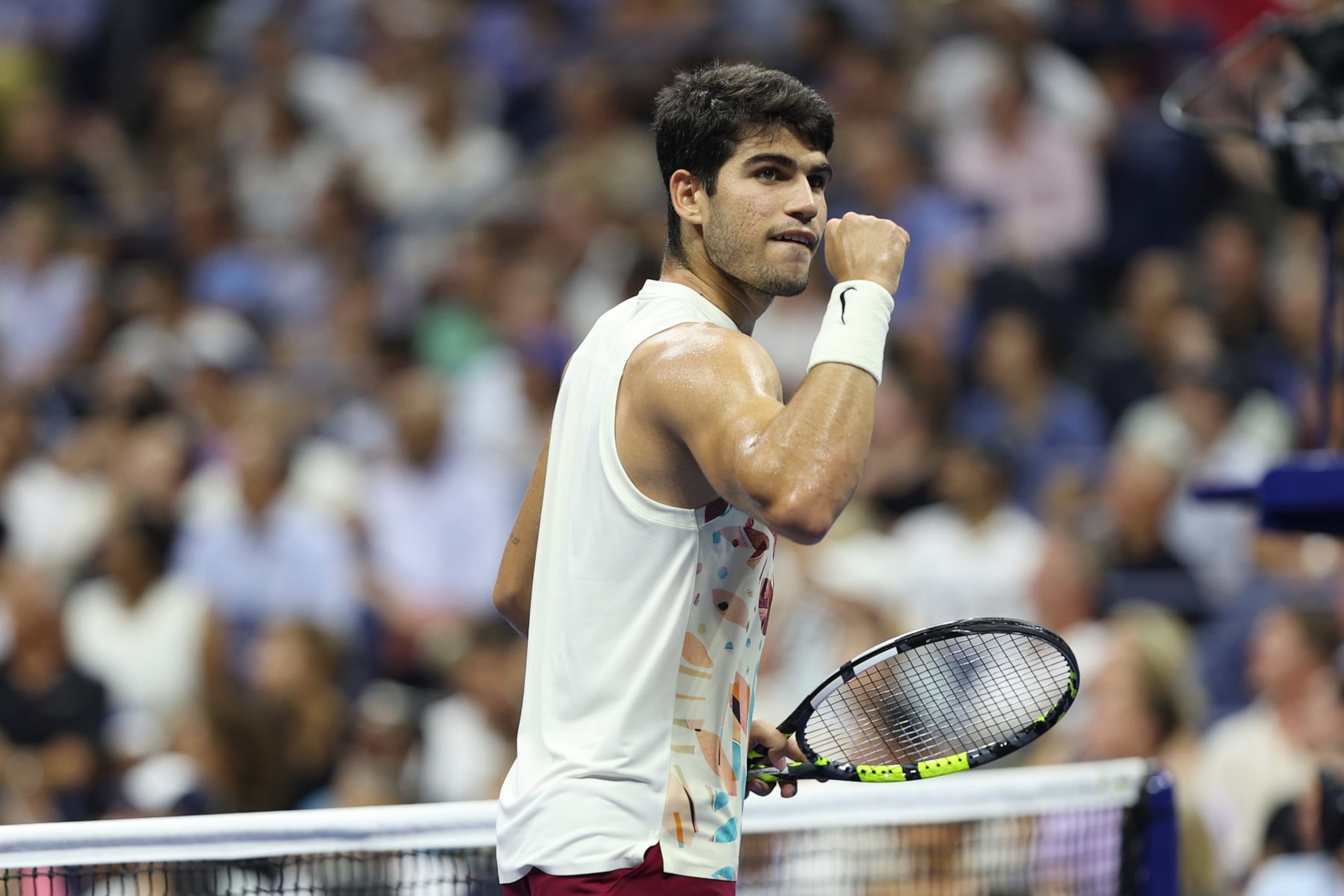 NEW YORK, NEW YORK - SEPTEMBER 06: Carlos Alcaraz of Spain celebrates a point against Alexander Zverev of Germany during their Men's Singles Quarterfinal match on Day Ten of the 2023 US Open at the USTA Billie Jean King National Tennis Center on September 06, 2023 in the Flushing neighborhood of the Queens borough of New York City. (Photo by Elsa/Getty Images)