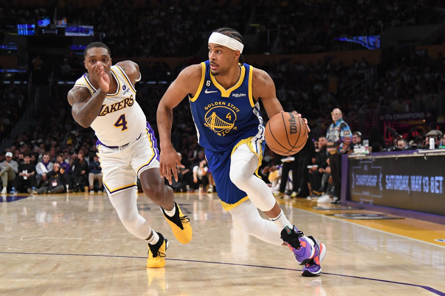 LOS ANGELES, CA - MAY 6:  Moses Moody #4 of the Golden State Warriors dribbles the ball during Game 3 of the Western Conference Semi-Finals of the NBA Playoffs against the Los Angeles Lakers on May 6, 2023 at STAPLES Center in Los Angeles, California. NOTE TO USER: User expressly acknowledges and agrees that, by downloading and/or using this Photograph, user is consenting to the terms and conditions of the Getty Images License Agreement. Mandatory Copyright Notice: Copyright 2023 NBAE (Photo by Noah Graham/NBAE via Getty Images)