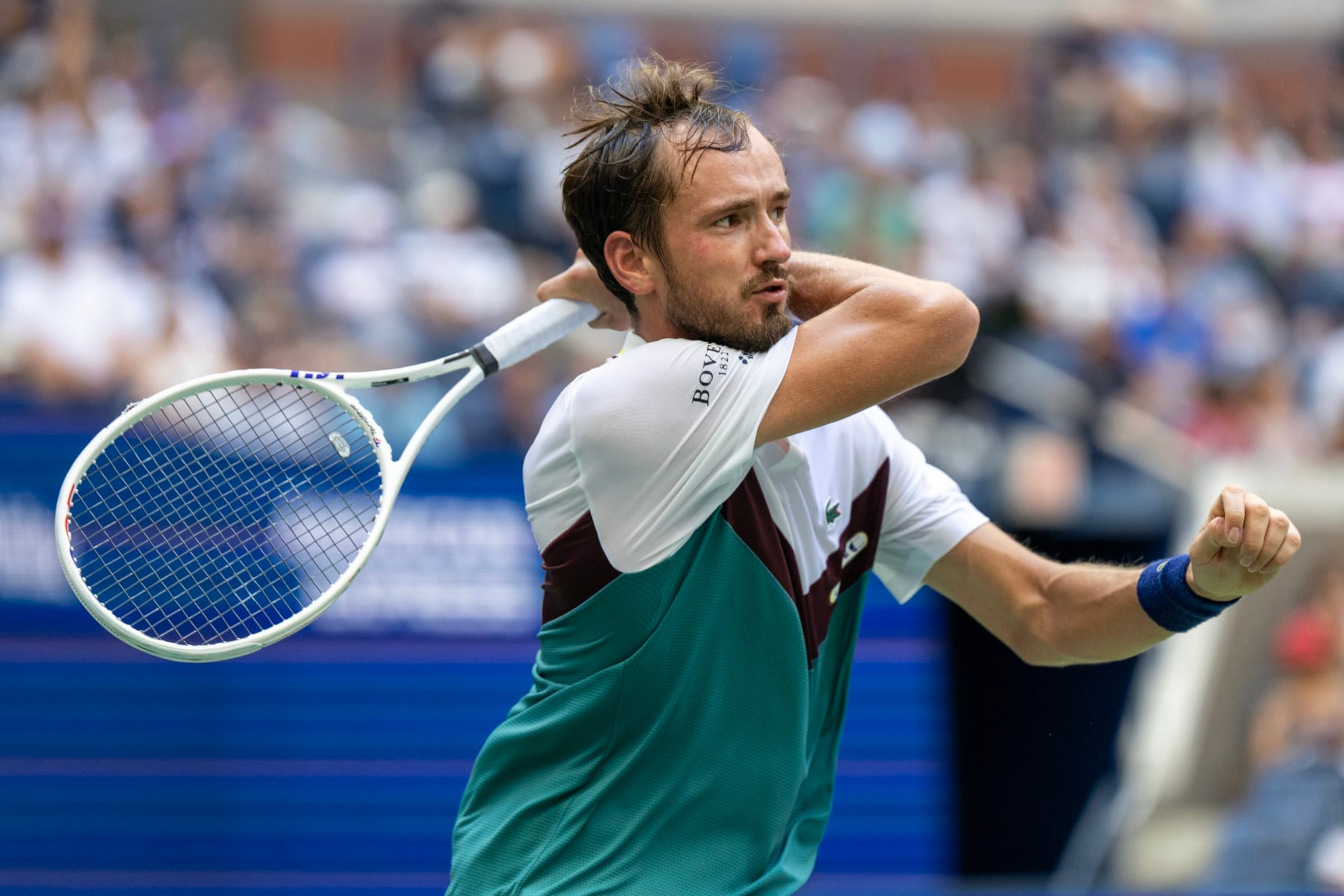 NEW YORK, USA:  September 6:   Daniil Medvedev of Russia in action against Andrey Rublev of Russia in the Men's Singles Quarter-Finals match on Arthur Ashe Stadium during the US Open Tennis Championship 2023 at the USTA National Tennis Centre on September 6th, 2023 in Flushing, Queens, New York City.  (Photo by Tim Clayton/Corbis via Getty Images)