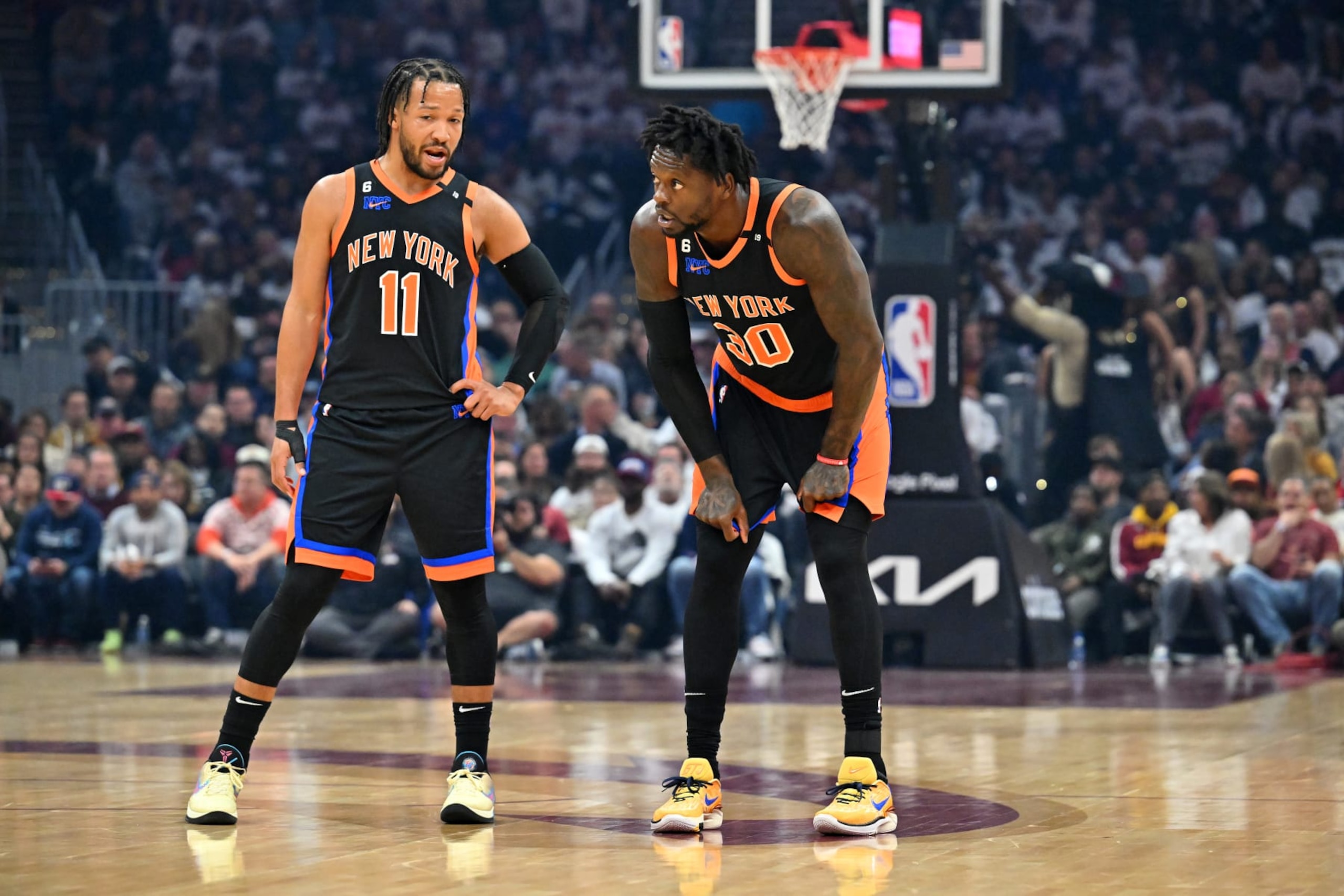 CLEVELAND, OHIO - APRIL 18: Jalen Brunson #11 talks with Julius Randle #30 of the New York Knicks during the first quarter of Game Two of the Eastern Conference First Round Playoffs at Rocket Mortgage Fieldhouse on April 18, 2023 in Cleveland, Ohio. NOTE TO USER: User expressly acknowledges and agrees that, by downloading and or using this photograph, User is consenting to the terms and conditions of the Getty Images License Agreement. (Photo by Jason Miller/Getty Images)