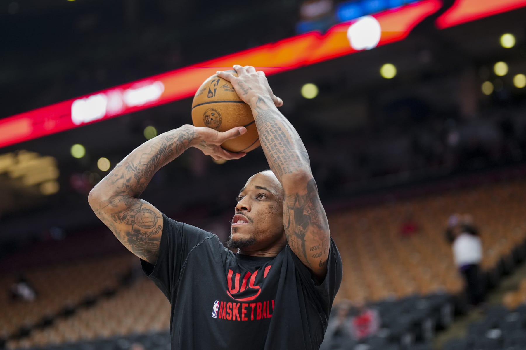 TORONTO, ON - APRIL 12: DeMar DeRozan #11 of the Chicago Bulls warms up before facing the Toronto Raptors in the 2023 Play-In Tournament at the Scotiabank Arena on April 12, 2023 in Toronto, Ontario, Canada. NOTE TO USER: User expressly acknowledges and agrees that, by downloading and/or using this Photograph, user is consenting to the terms and conditions of the Getty Images License Agreement. (Photo by Andrew Lahodynskyj/Getty Images)