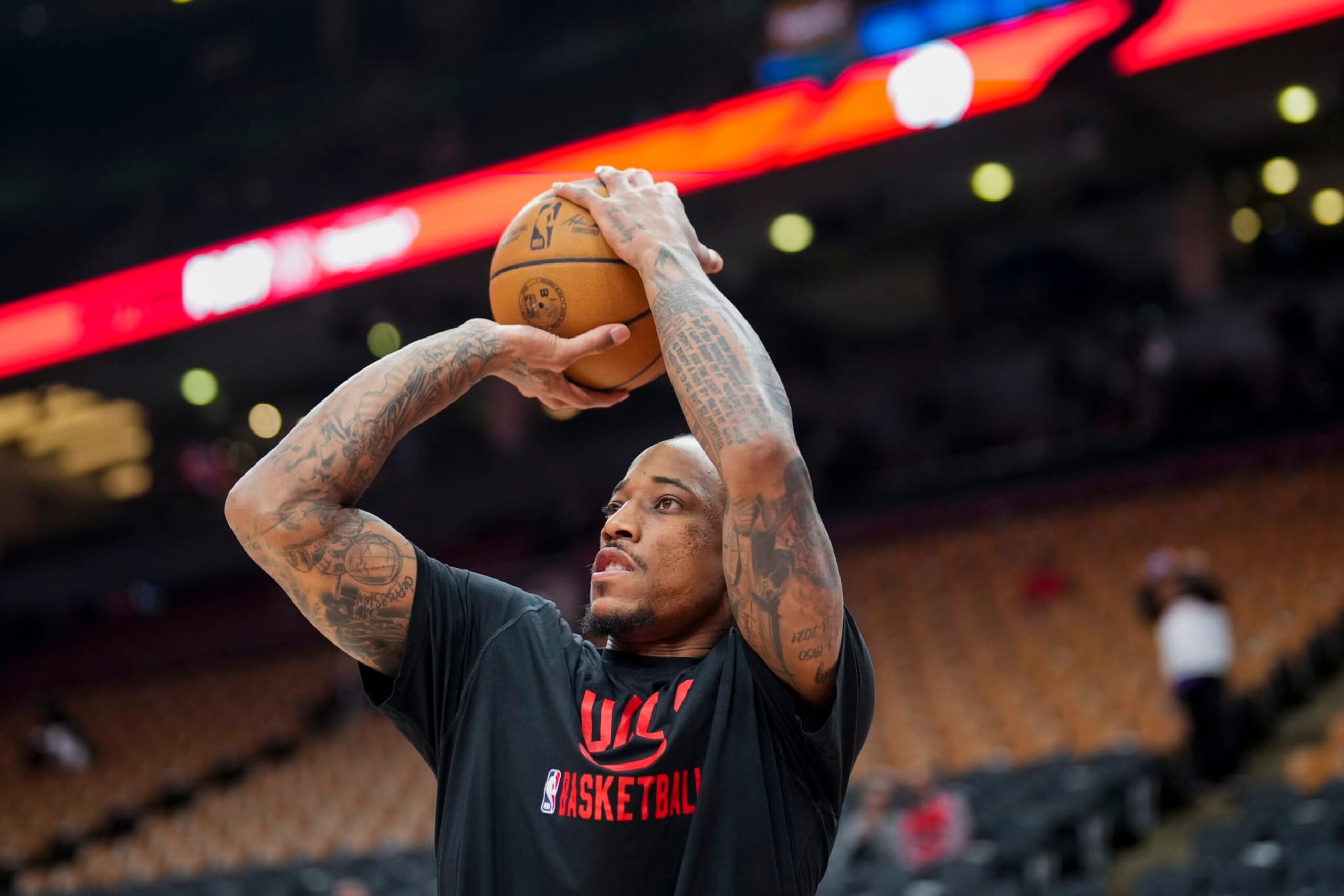 TORONTO, ON - APRIL 12: DeMar DeRozan #11 of the Chicago Bulls warms up before facing the Toronto Raptors in the 2023 Play-In Tournament at the Scotiabank Arena on April 12, 2023 in Toronto, Ontario, Canada. NOTE TO USER: User expressly acknowledges and agrees that, by downloading and/or using this Photograph, user is consenting to the terms and conditions of the Getty Images License Agreement. (Photo by Andrew Lahodynskyj/Getty Images)