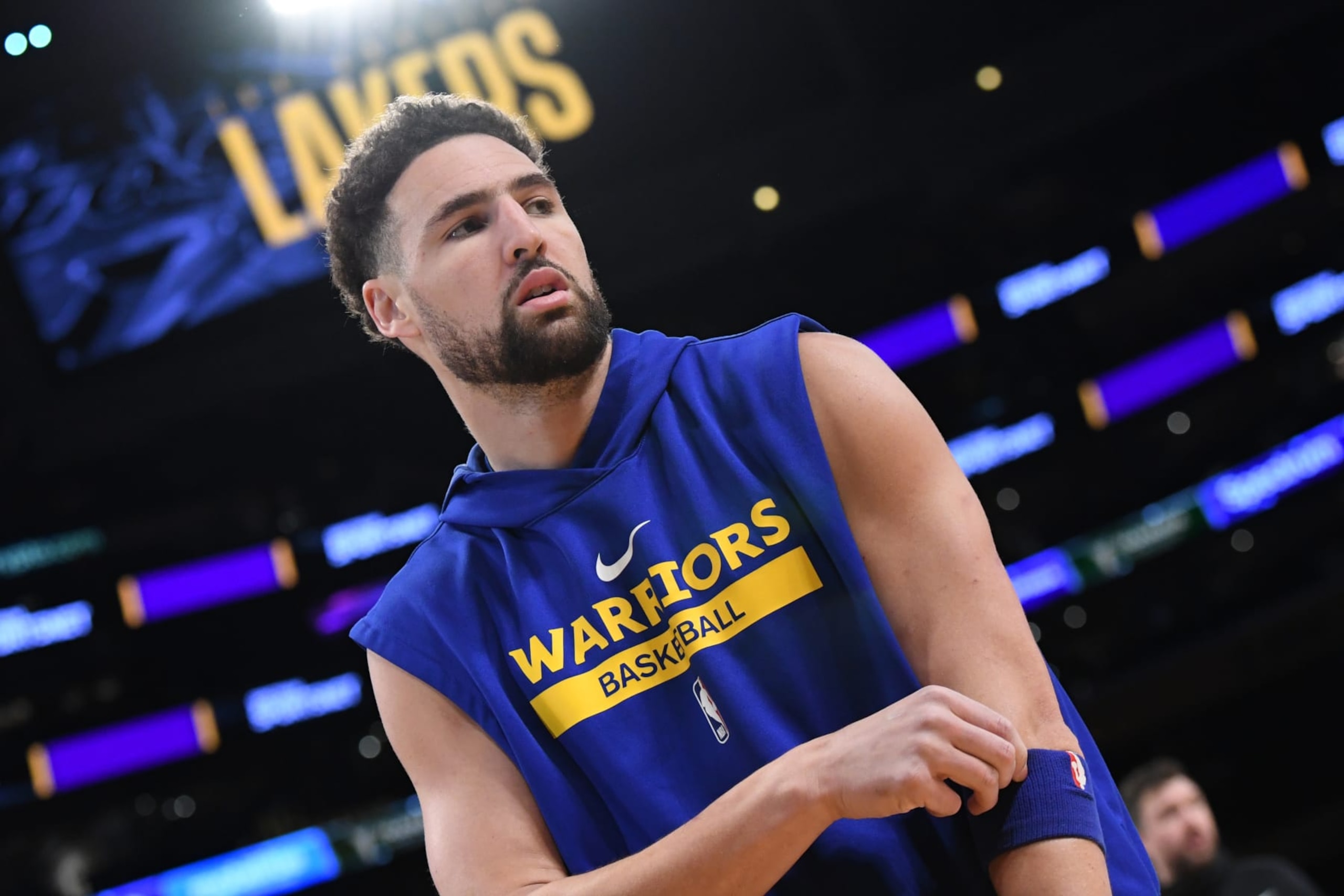 LOS ANGELES, CA - MAY 12: Klay Thompson #11 of the Golden State Warriors before Game Six of the Western Conference Semi-Finals of the 2023 NBA Playoffs against the Los Angeles Lakers on May 12, 2023 at Crypto.com Arena in Los Angeles, California. NOTE TO USER: User expressly acknowledges and agrees that, by downloading and/or using this Photograph, user is consenting to the terms and conditions of the Getty Images License Agreement. Mandatory Copyright Notice: Copyright 2023 NBAE (Photo by Noah Graham/NBAE via Getty Images)