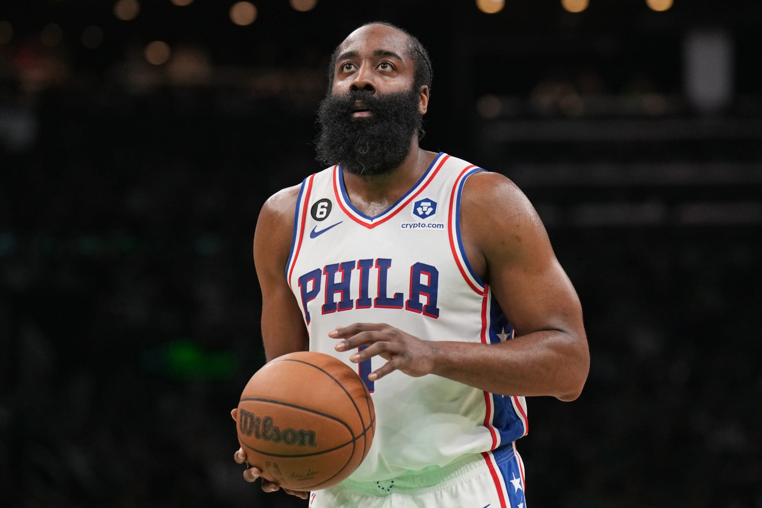BOSTON, MA - MAY 3: James Harden #1 of the Philadelphia 76ers shoots a free throw during the game during Round 2 Game 2 of the Eastern Conference Semi-Finals 2023 NBA Playoffs on May 3, 2023 at the TD Garden in Boston, Massachusetts. NOTE TO USER: User expressly acknowledges and agrees that, by downloading and or using this photograph, User is consenting to the terms and conditions of the Getty Images License Agreement. Mandatory Copyright Notice: Copyright 2023 NBAE  (Photo by Jesse D. Garrabrant/NBAE via Getty Images)