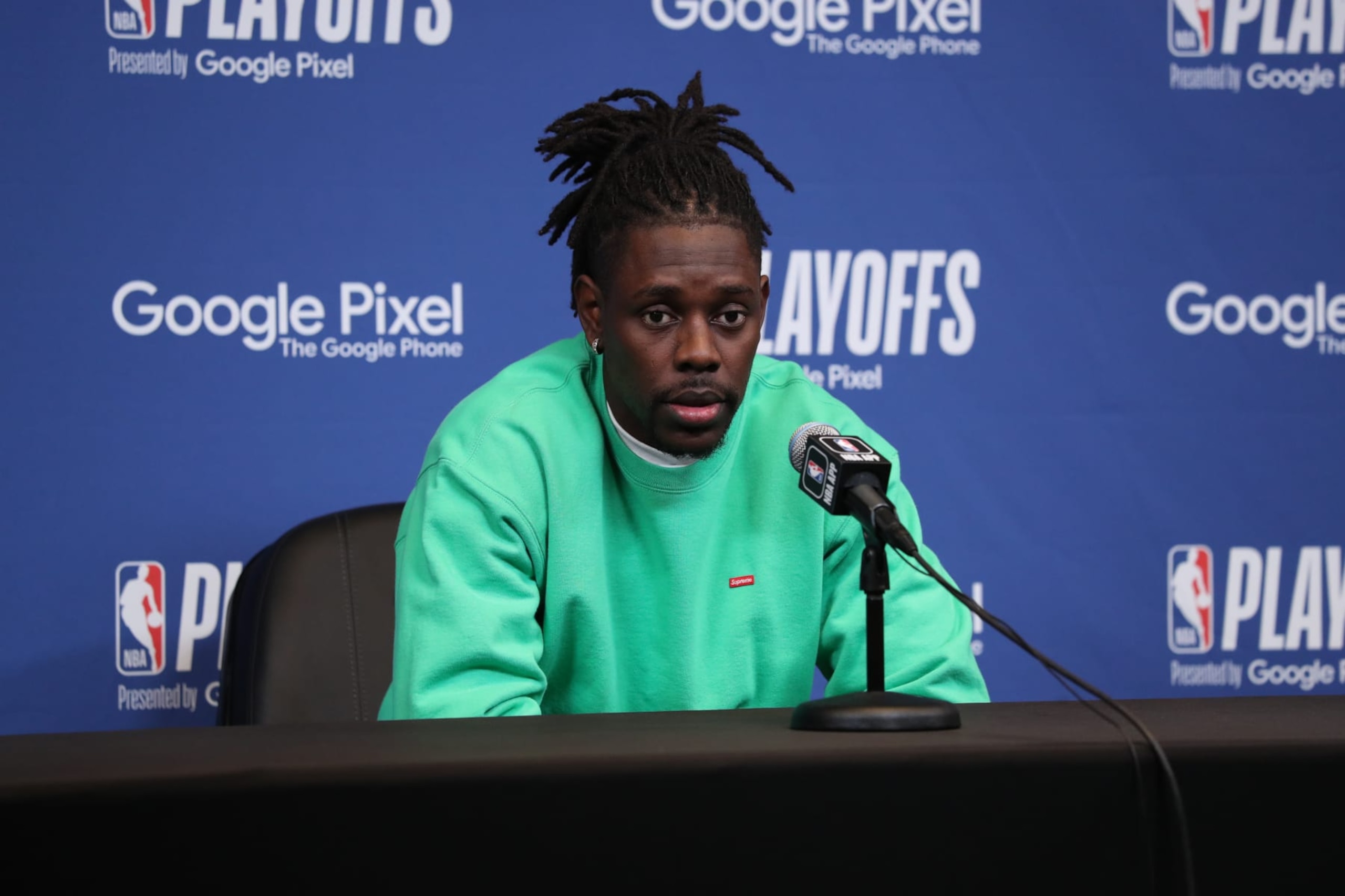 MILWAUKEE, WI - APRIL 26: Jrue Holiday #21 of the Milwaukee Bucks addresses the media after Round One Game Five of the 2023 NBA Playoffs on April 26, 2023 at the Fiserv Forum Center in Milwaukee, Wisconsin. NOTE TO USER: User expressly acknowledges and agrees that, by downloading and or using this Photograph, user is consenting to the terms and conditions of the Getty Images License Agreement. Mandatory Copyright Notice: Copyright 2023 NBAE (Photo by Gary Dineen/NBAE via Getty Images).