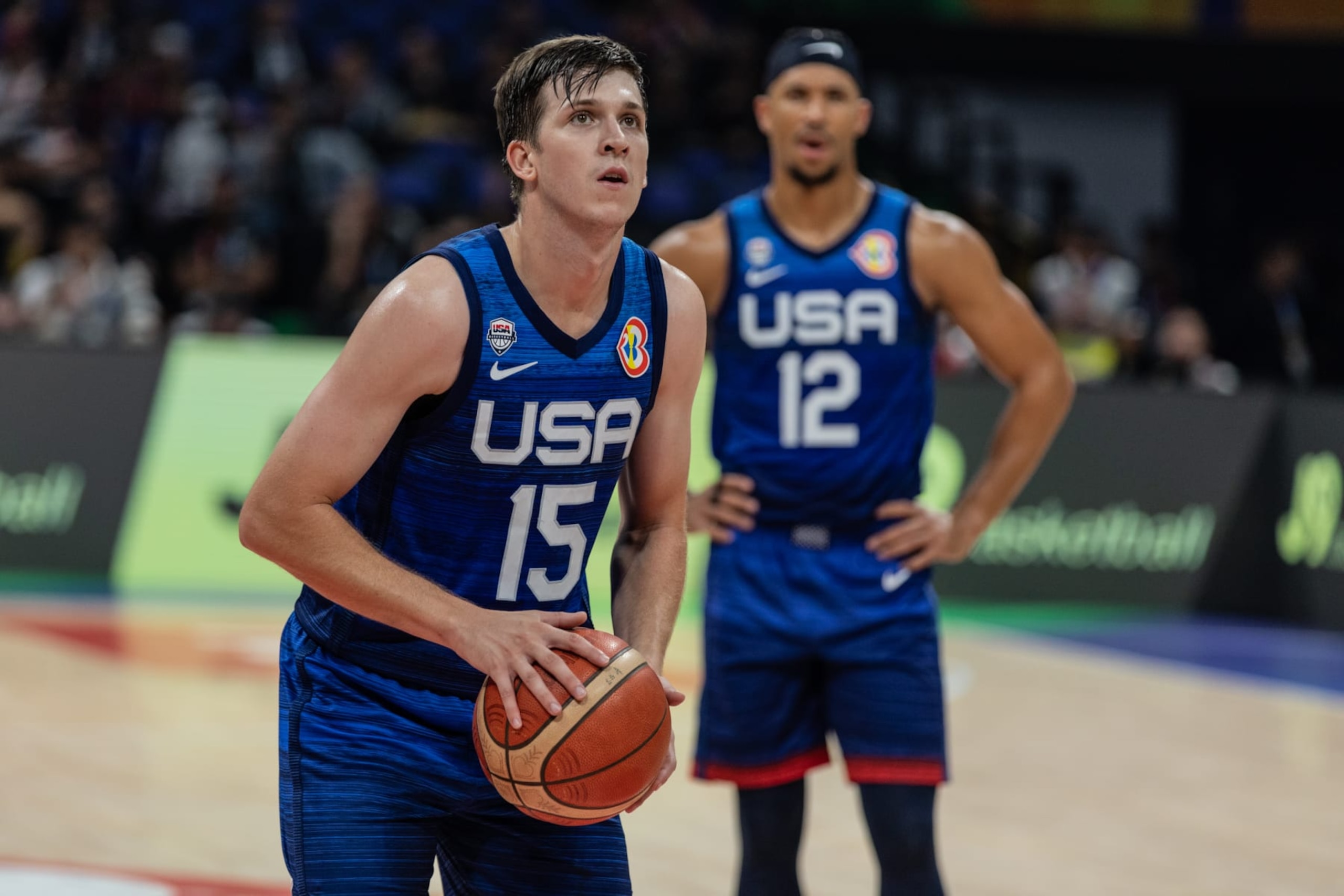 MANILA, PHILIPPINES - 2023/09/05: Austin Reaves of the United States seen in action during the second round of the FIBA Basketball World Cup 2023 between the United States and Italy at the Mall of Asia Arena-Manila. Final score; United States 109:63 Italy. (Photo by Nicholas Muller/SOPA Images/LightRocket via Getty Images)
