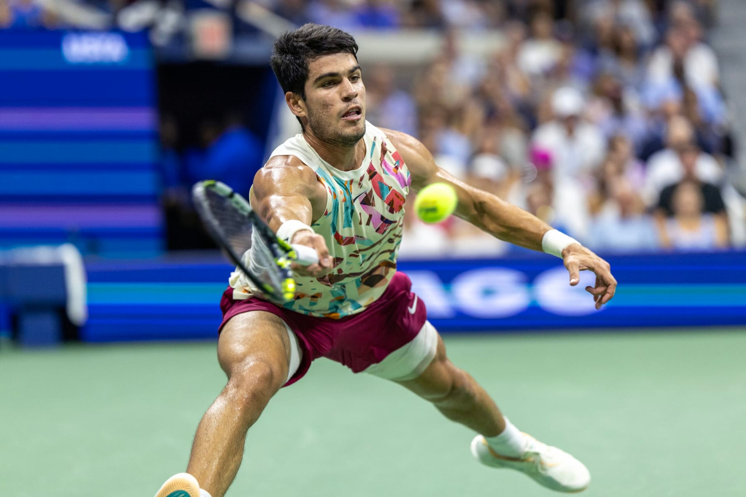 NEW YORK, USA:  September 6:   Carlos Alcaraz of Spain in action against Alexander Zverev of Germany in the Men's Singles Quarter-Finals match on Arthur Ashe Stadium during the US Open Tennis Championship 2023 at the USTA National Tennis Centre on September 6th, 2023 in Flushing, Queens, New York City.  (Photo by Tim Clayton/Corbis via Getty Images)