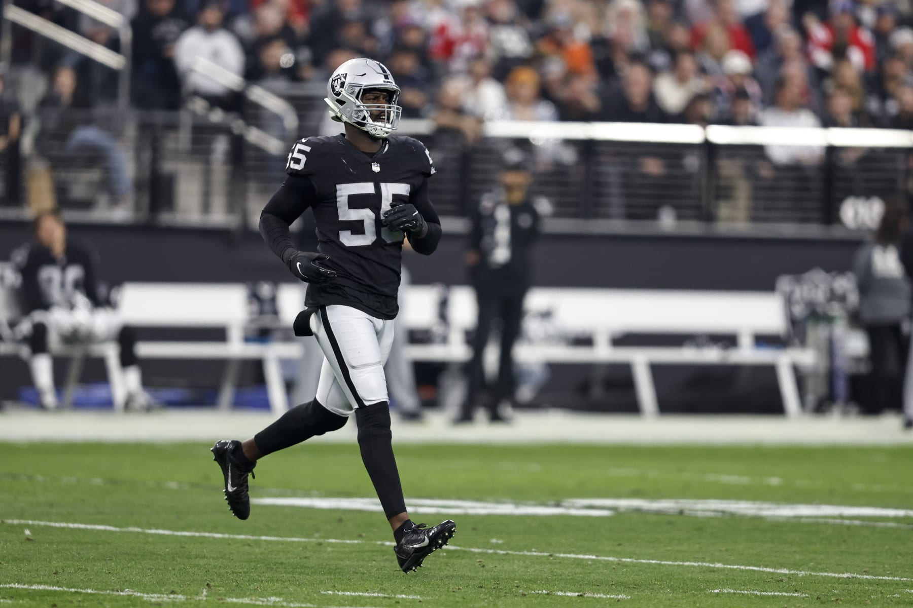 LAS VEGAS, NEVADA - DECEMBER 18: Chandler Jones #55 of the Las Vegas Raiders runs during an NFL football game between the Las Vegas Raiders and the New England Patriots at Allegiant Stadium on December 18, 2022 in Las Vegas, Nevada. (Photo by Michael Owens/Getty Images)