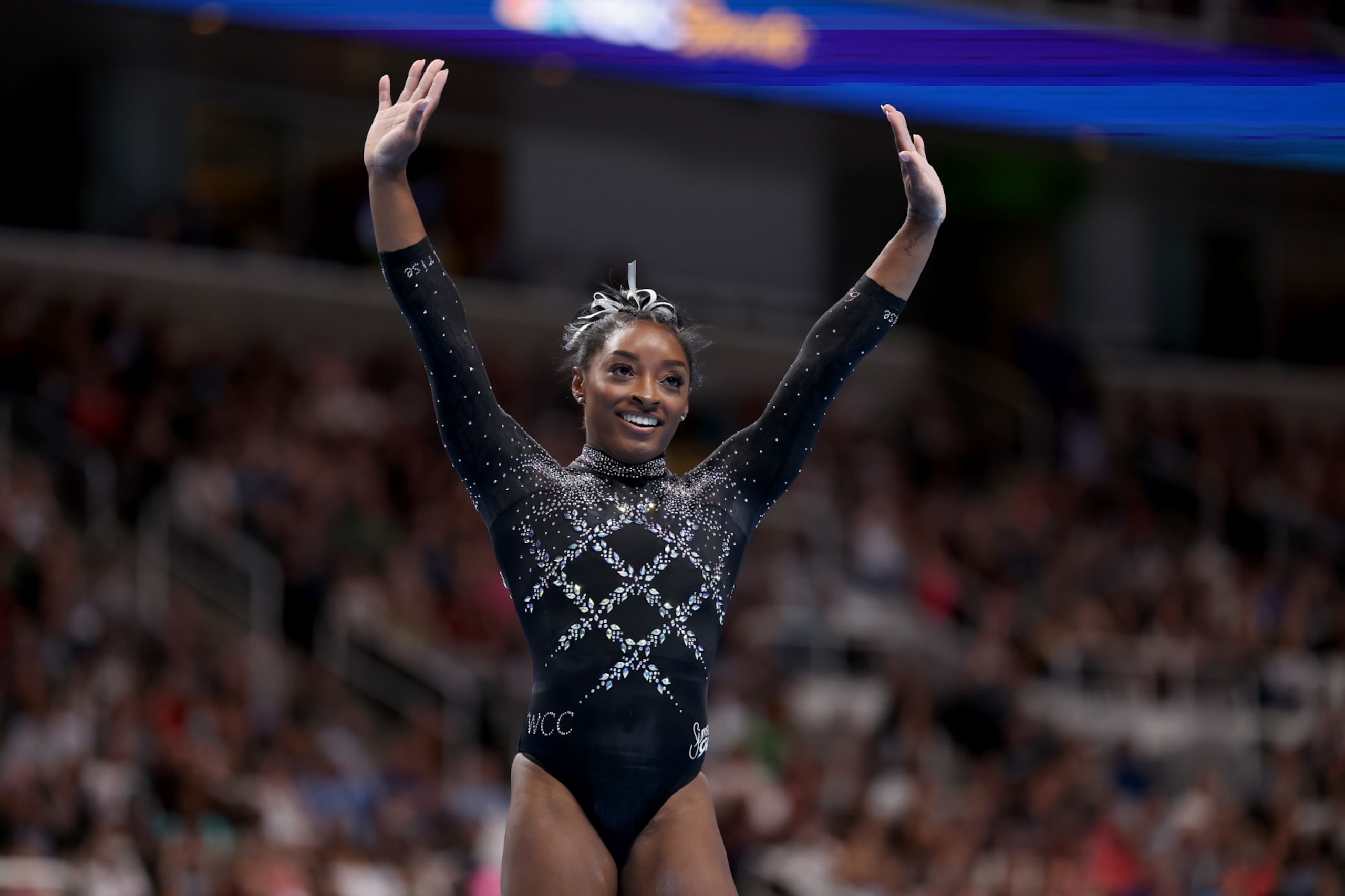 SAN JOSE, CALIFORNIA - AUGUST 27: Simone Biles reacts after competing in the floor exercise on day four of the 2023 U.S. Gymnastics Championships at SAP Center on August 27, 2023 in San Jose, California. (Photo by Ezra Shaw/Getty Images) SAN JOSE, CALIFORNIA - AUGUST 27: Simone Biles reacts after competing in the floor exercise on day four of the 2023 U.S. Gymnastics Championships at SAP Center on August 27, 2023 in San Jose, California. (Photo by Ezra Shaw/Getty Images)