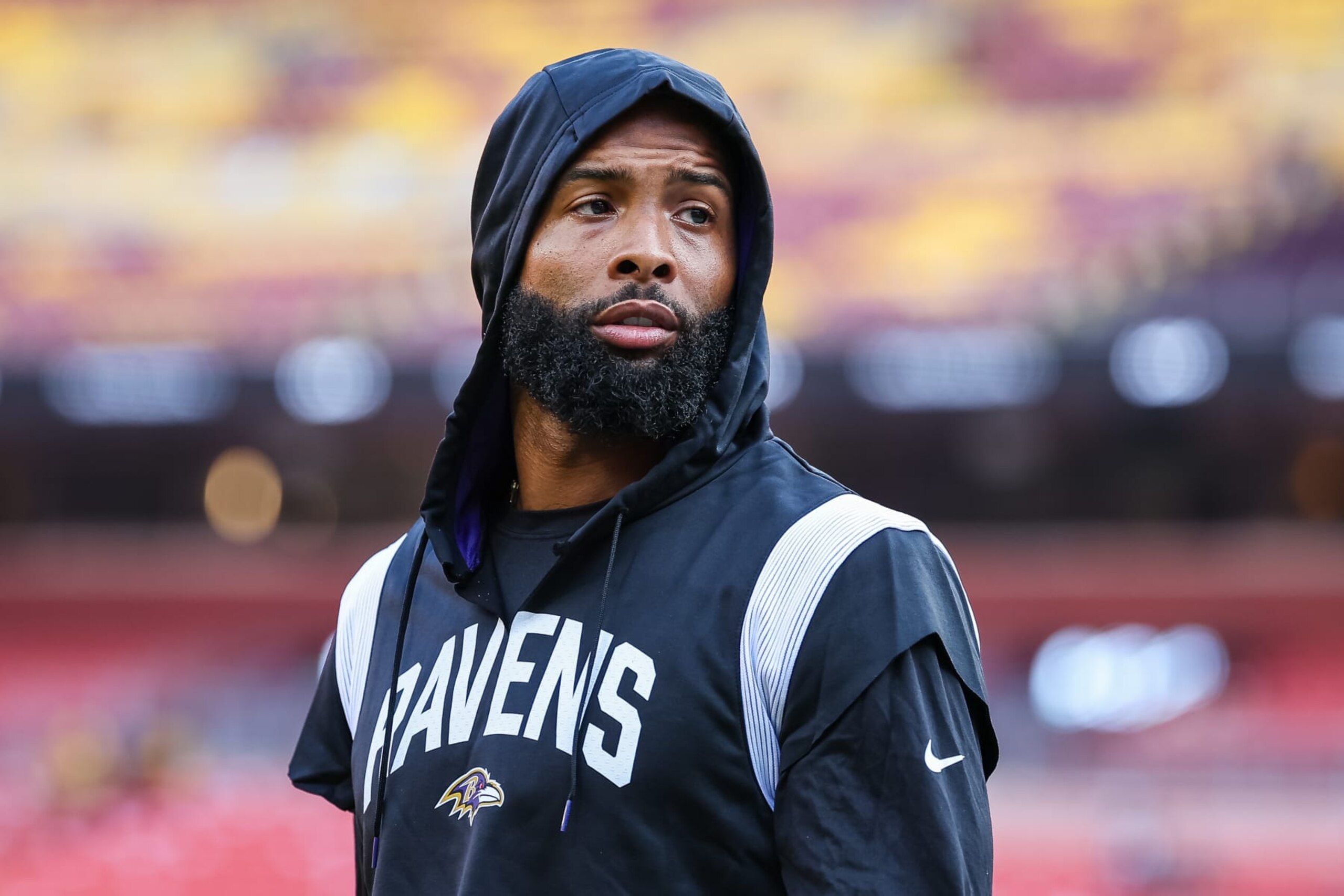 LANDOVER, MD - AUGUST 21: Odell Beckham Jr. #3 of the Baltimore Ravens looks on before the preseason game against the Washington Commanders at FedExField on August 21, 2023 in Landover, Maryland. (Photo by Scott Taetsch/Getty Images) LANDOVER, MD - AUGUST 21: Odell Beckham Jr. #3 of the Baltimore Ravens looks on before the preseason game against the Washington Commanders at FedExField on August 21, 2023 in Landover, Maryland. (Photo by Scott Taetsch/Getty Images)