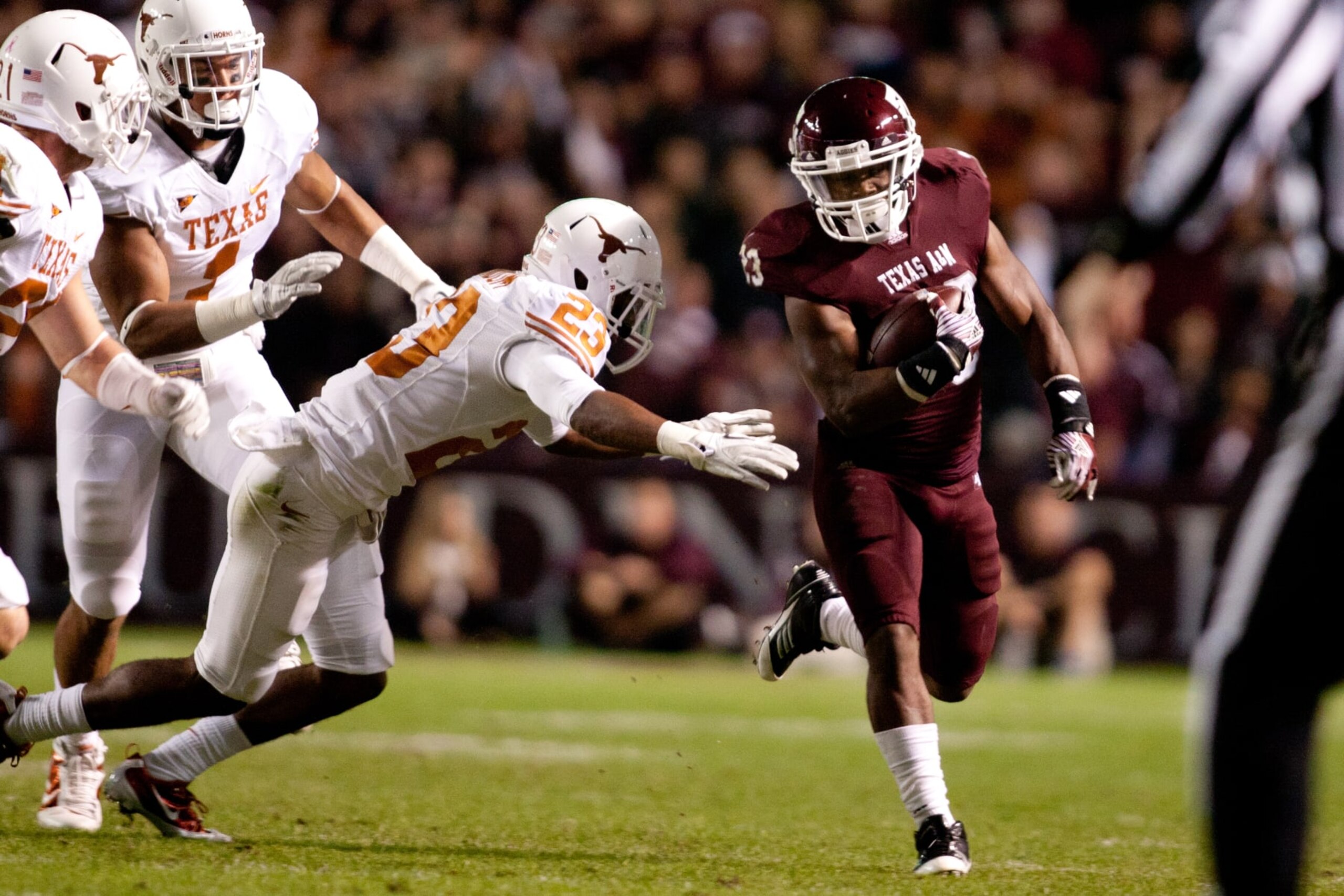 COLLEGE STATION, TX - NOVEMBER 24: Ben Malena #23 of the Texas A&M Aggies rushes against the Texas Longhorns in the first half of a game at Kyle Field on November 24, 2011 in College Station, Texas. (Photo by Darren Carroll/Getty Images) COLLEGE STATION, TX - NOVEMBER 24: Ben Malena #23 of the Texas A&M Aggies rushes against the Texas Longhorns in the first half of a game at Kyle Field on November 24, 2011 in College Station, Texas. (Photo by Darren Carroll/Getty Images)