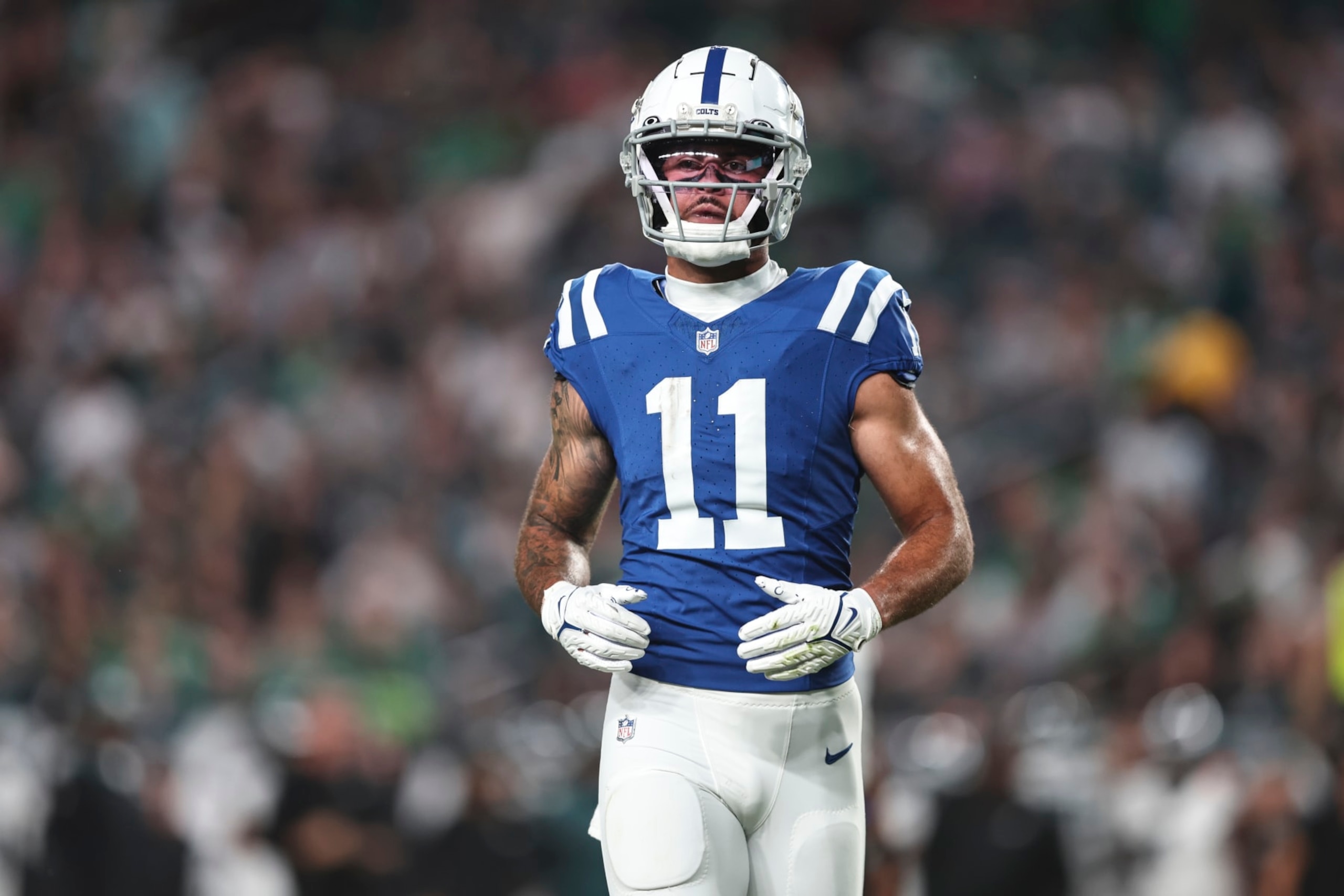 PHILADELPHIA, PENNSYLVANIA - AUGUST 24: Michael Pittman Jr. #11 of the Indianapolis Colts runs during an NFL preseason game against the Philadelphia Eagles at Lincoln Financial Field on August 24, 2023 in Philadelphia, Pennsylvania. (Photo by Michael Owens/Getty Images)
