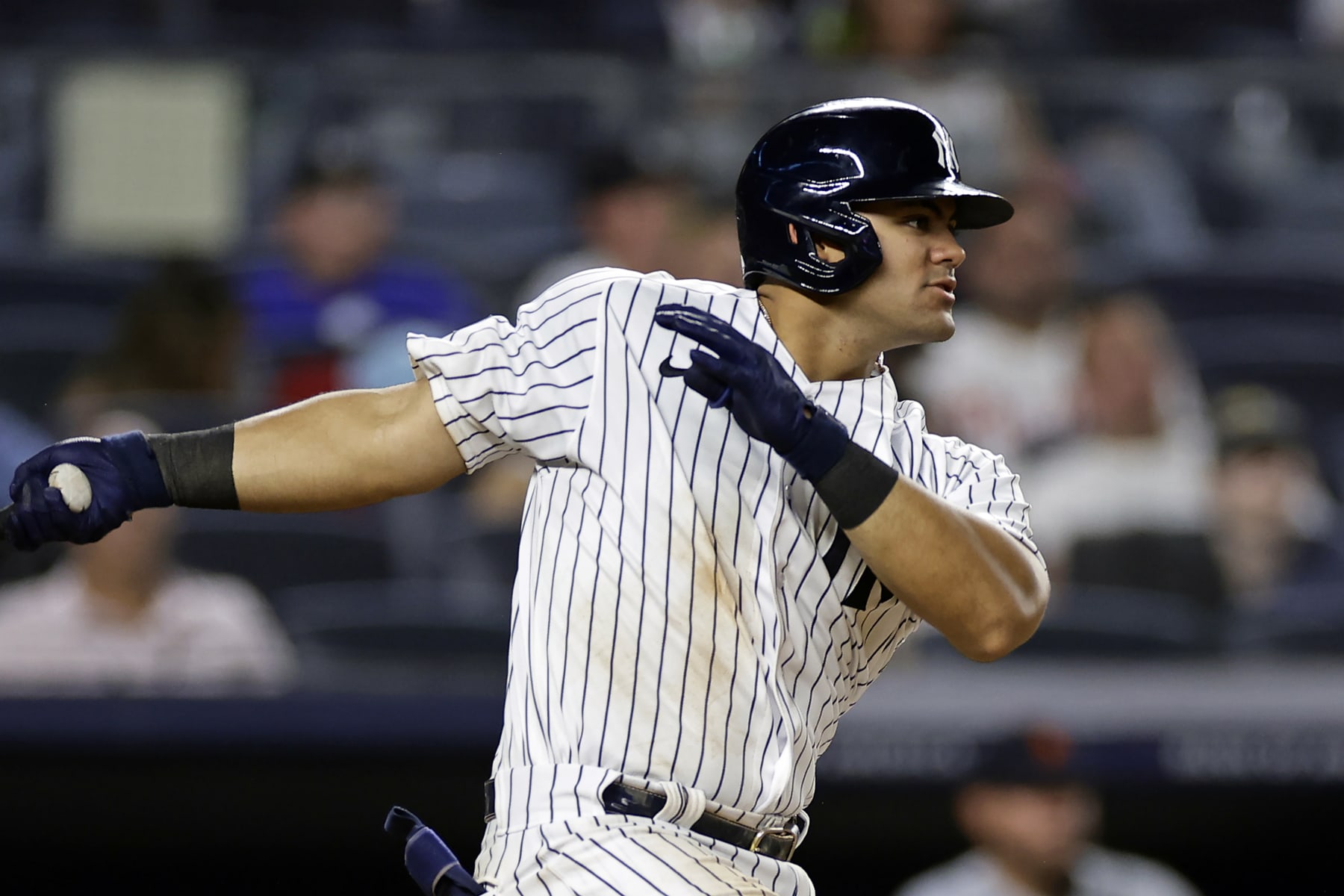 New York Yankees' Jasson Dominguez hits a double against the Detroit Tigers during the eighth inning of a baseball game Tuesday, Sept. 5, 2023, in New York. (AP Photo/Adam Hunger)