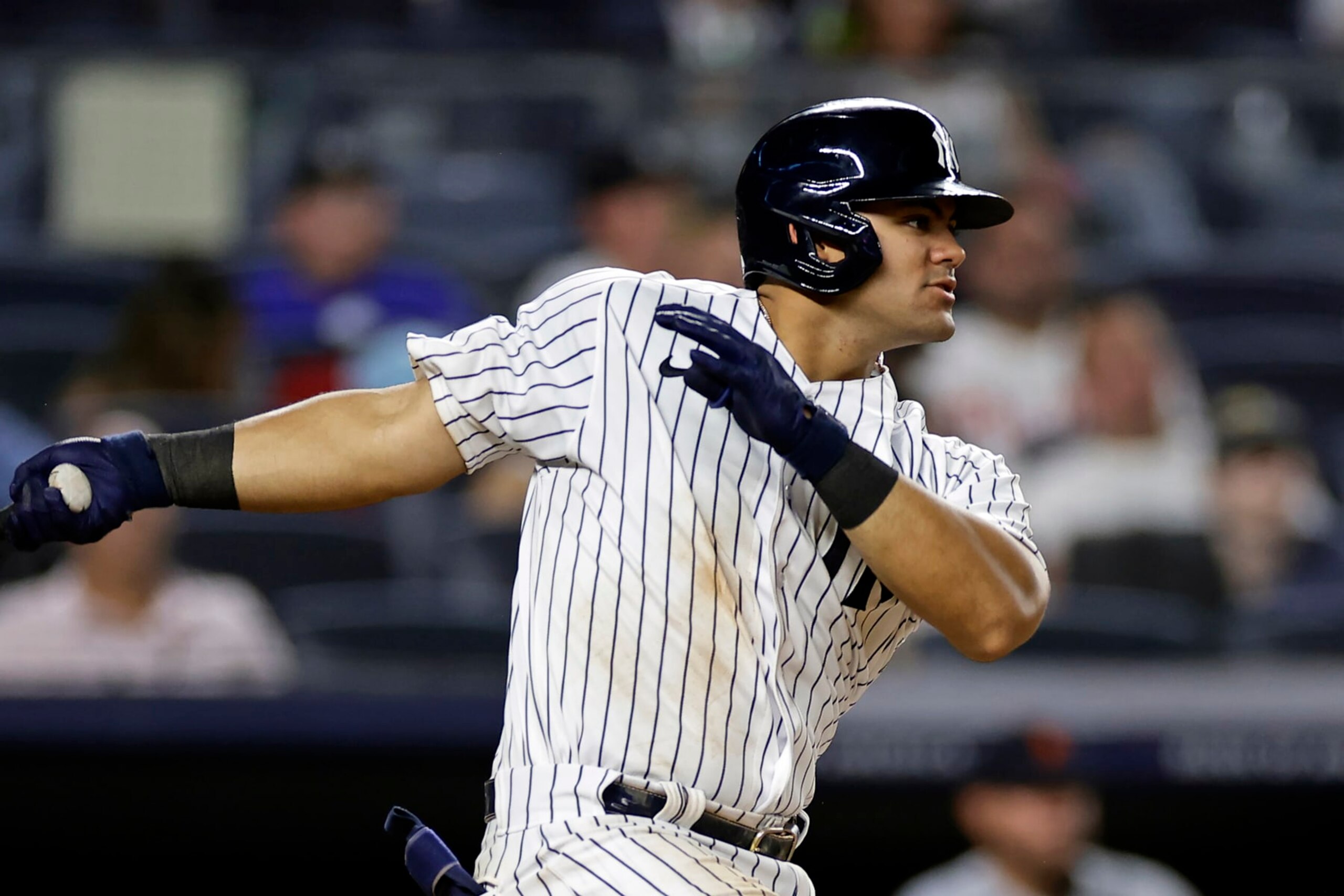 New York Yankees' Jasson Dominguez hits a double against the Detroit Tigers during the eighth inning of a baseball game Tuesday, Sept. 5, 2023, in New York. (AP Photo/Adam Hunger) New York Yankees' Jasson Dominguez hits a double against the Detroit Tigers during the eighth inning of a baseball game Tuesday, Sept. 5, 2023, in New York. (AP Photo/Adam Hunger)