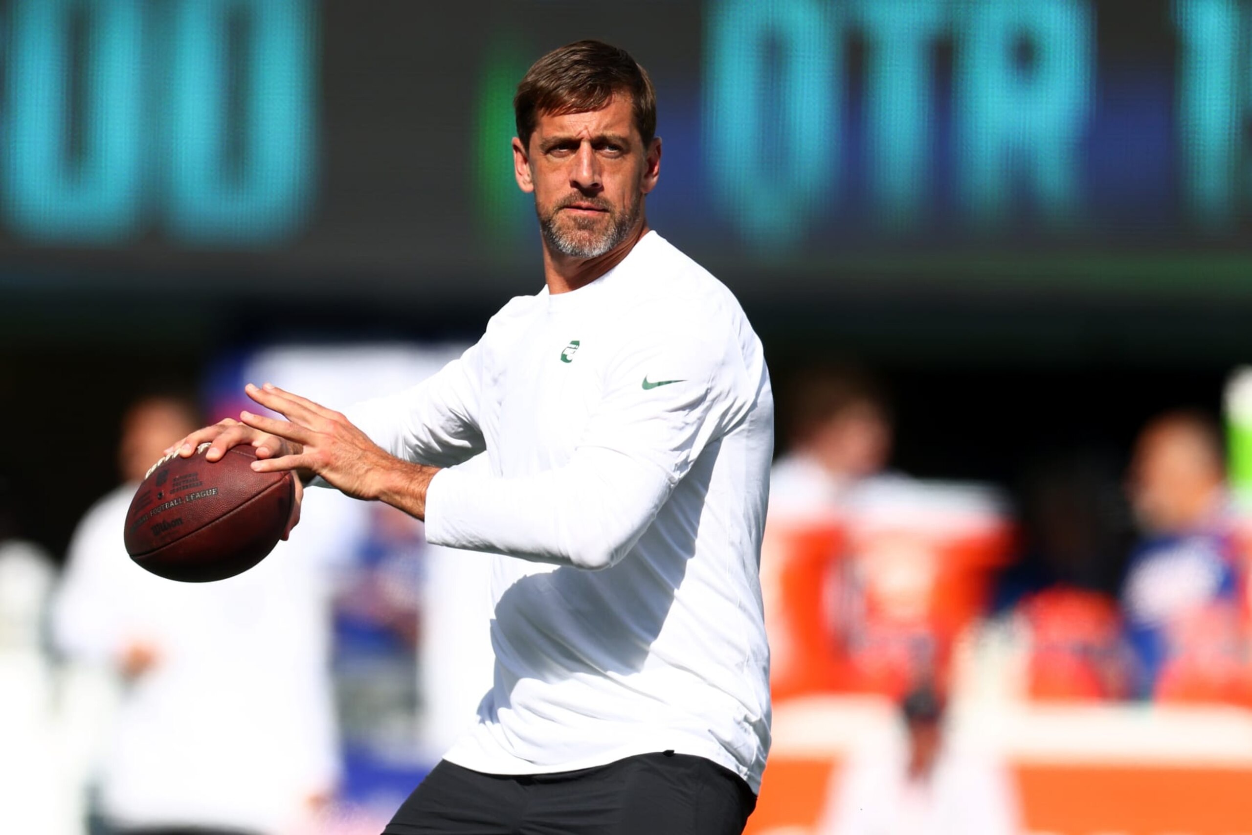 EAST RUTHERFORD, NEW JERSEY - AUGUST 26: Aaron Rodgers #8 of the New York Jets warms up prior to the game against the New York Giants at MetLife Stadium on August 26, 2023 in East Rutherford, New Jersey. (Photo by Mike Stobe/Getty Images)
