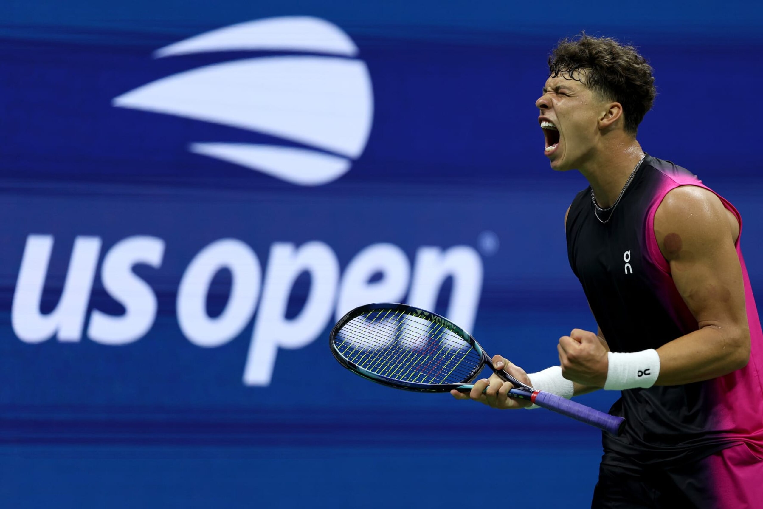 NEW YORK, NEW YORK - SEPTEMBER 05: Ben Shelton of the United States celebrates a point against Frances Tiafoe of the United States during their Men's Singles Quarterfinal match on Day Nine of the 2023 US Open at the USTA Billie Jean King National Tennis Center on September 05, 2023 in the Flushing neighborhood of the Queens borough of New York City. (Photo by Elsa/Getty Images)