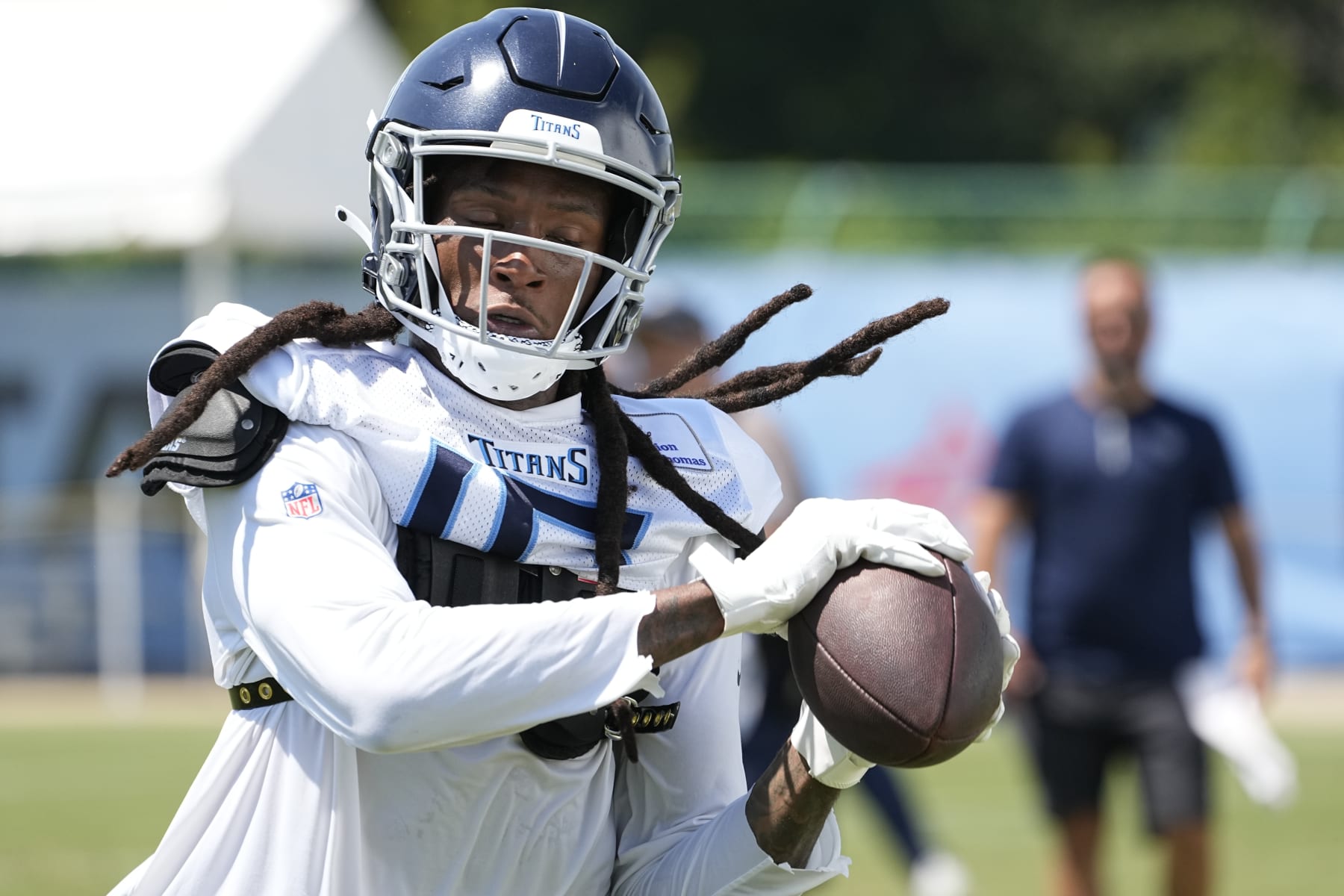 Tennessee Titans wide receiver DeAndre Hopkins makes a catch during an NFL football training camp practice Monday, July 31, 2023, in Nashville, Tenn. (AP Photo/George Walker IV)