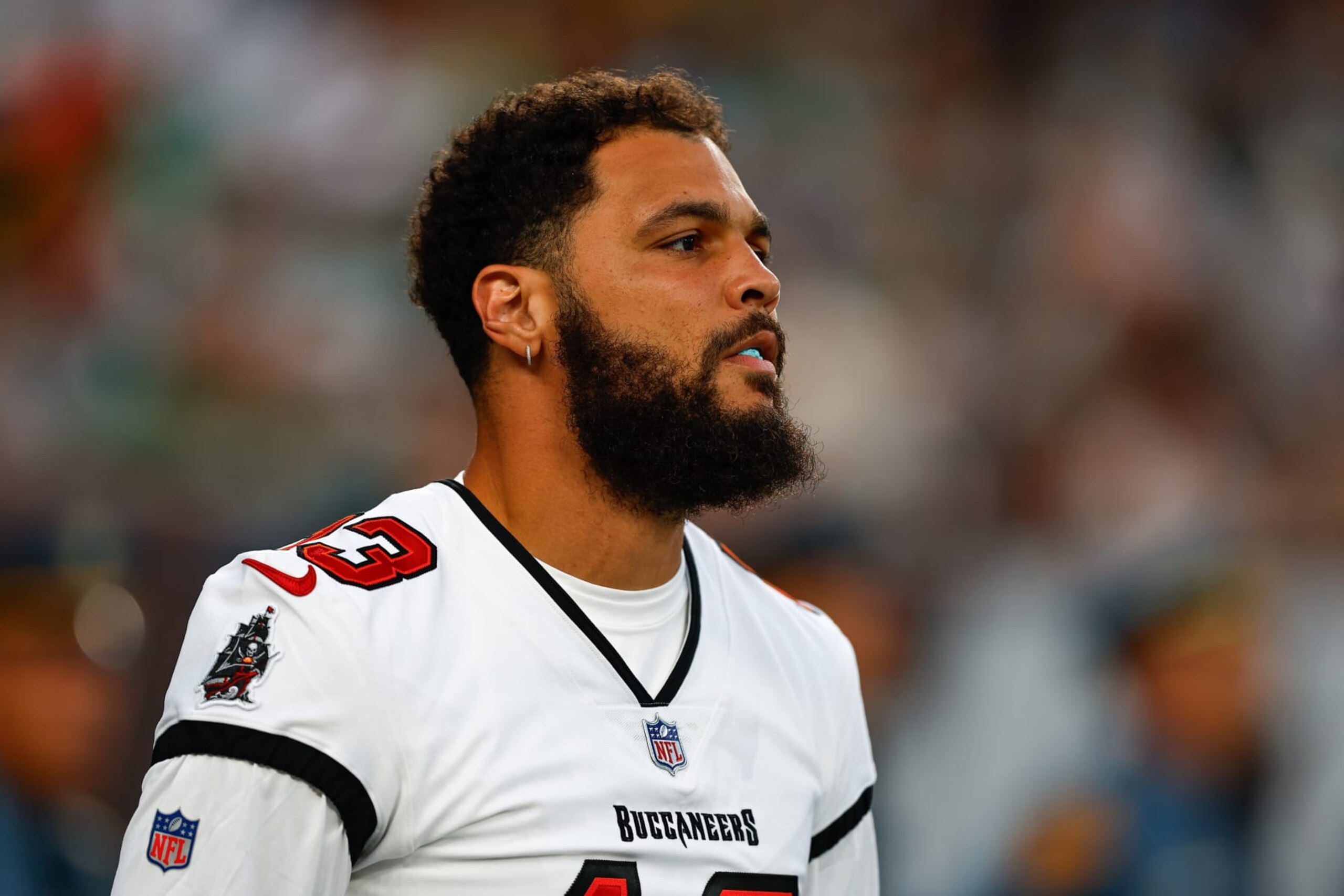 EAST RUTHERFORD, NJ - AUGUST 19:  Mike Evans #13 of the Tampa Bay Buccaneers enters the field prior to the Preseason game against the Tampa Bay Buccaneers on Augut 19, 2023 at MetLife Stadium in East Rutherford, New Jersey.  (Photo by Rich Graessle/Icon Sportswire via Getty Images)