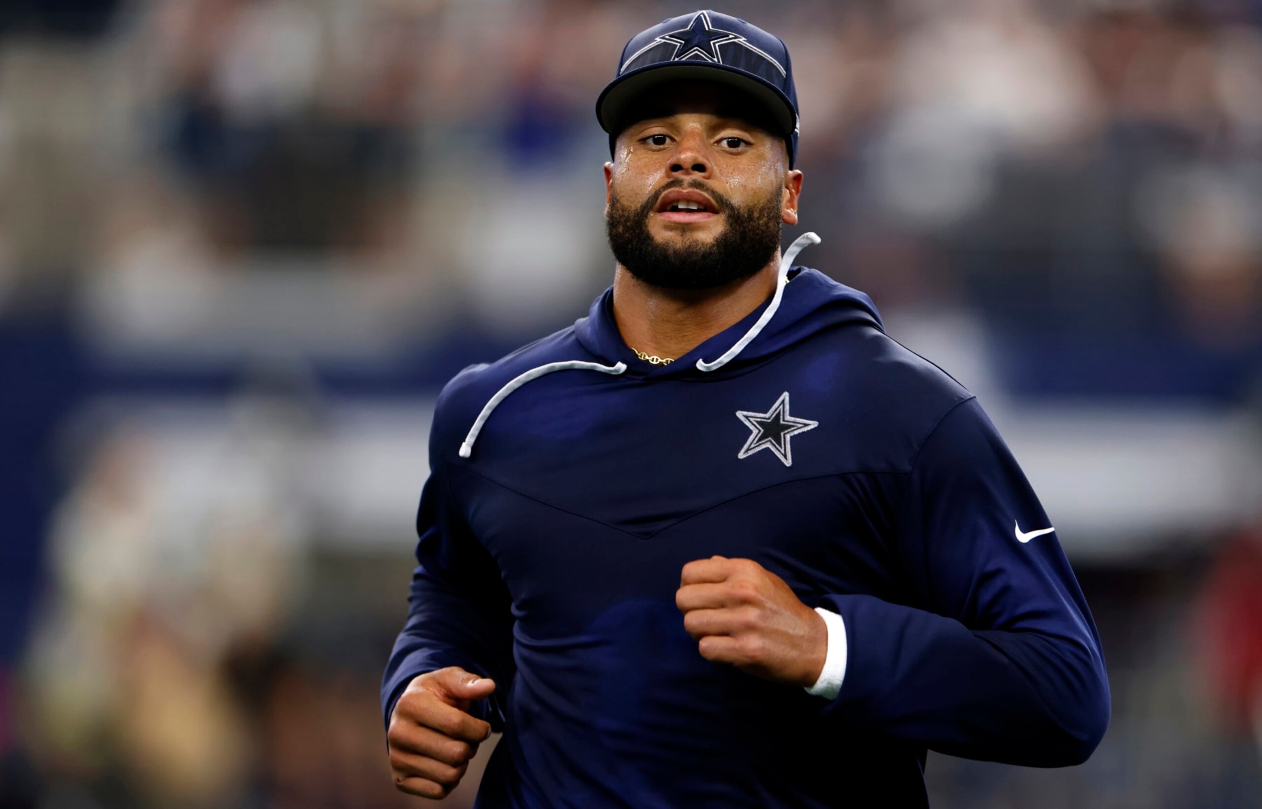 ARLINGTON, TX - AUGUST 26: Dak Prescott #4 of the Dallas Cowboys warms up before a preseason game against the Las Vegas Raiders at AT&T Stadium on August 26, 2023 in Arlington, Texas. (Photo by Ron Jenkins/Getty Images)