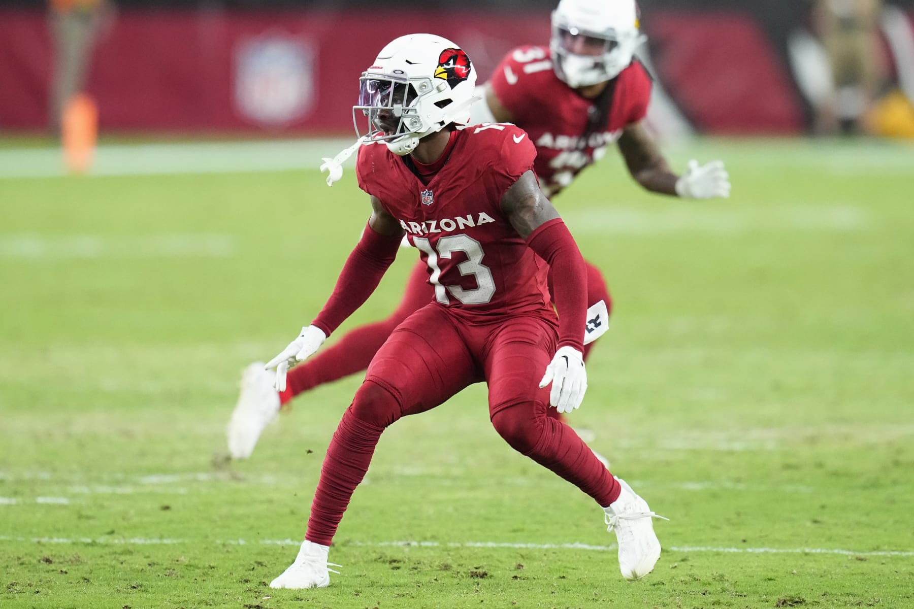 Arizona Cardinals cornerback Kei'Trel Clark watches the movement of the ball during the first half of an NFL preseason football game against the Kansas City Chiefs Saturday, Aug. 19, 2023, in Glendale, Ariz. The Chiefs won 38-10. AP Photo/Ross D. Franklin)