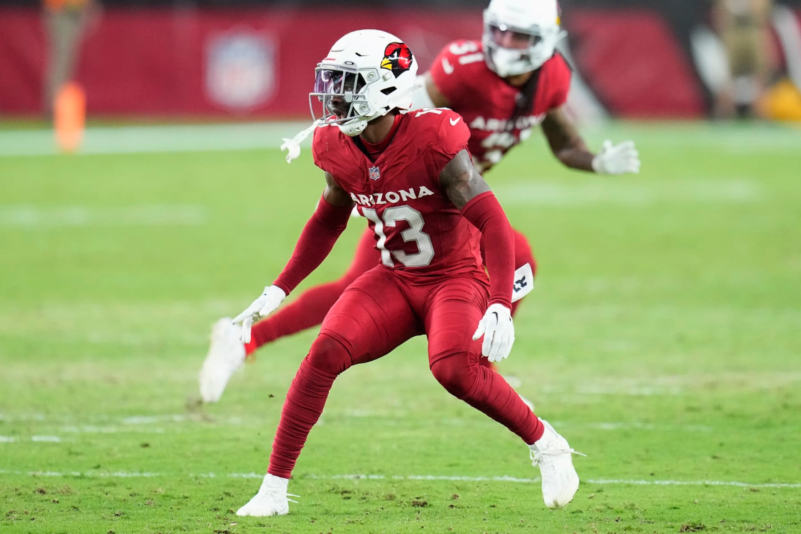 Arizona Cardinals cornerback Kei'Trel Clark watches the movement of the ball during the first half of an NFL preseason football game against the Kansas City Chiefs Saturday, Aug. 19, 2023, in Glendale, Ariz. The Chiefs won 38-10. AP Photo/Ross D. Franklin)