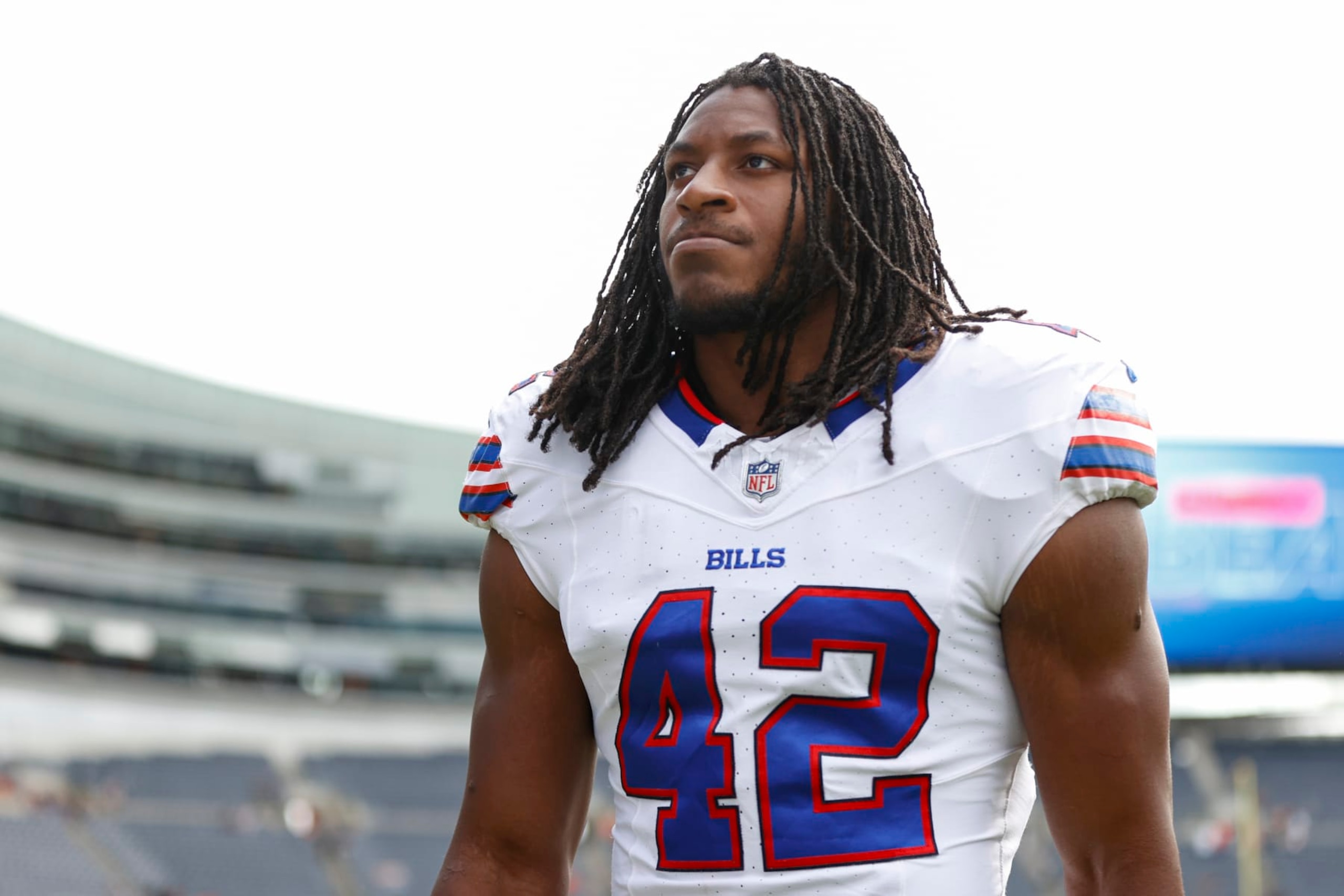 Buffalo Bills linebacker Dorian Williams (42) walks off the field following an NFL preseason football game against the Chicago Bears, Saturday, Saturday, Aug. 26, 2023, in Chicago. (AP Photo/Kamil Krzaczynski)