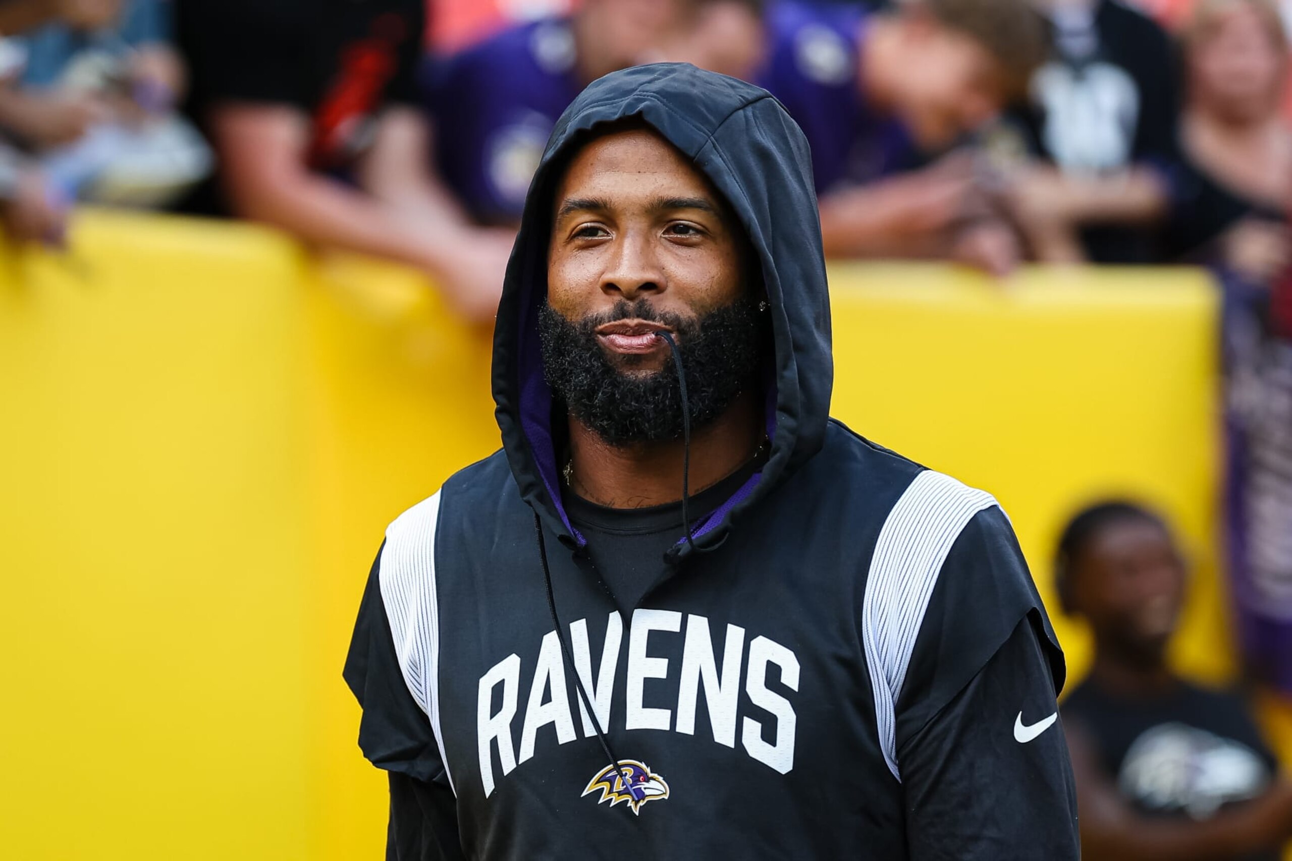 LANDOVER, MD - AUGUST 21: Odell Beckham Jr. #3 of the Baltimore Ravens reacts before the preseason game against the Washington Commanders at FedExField on August 21, 2023 in Landover, Maryland. (Photo by Scott Taetsch/Getty Images)