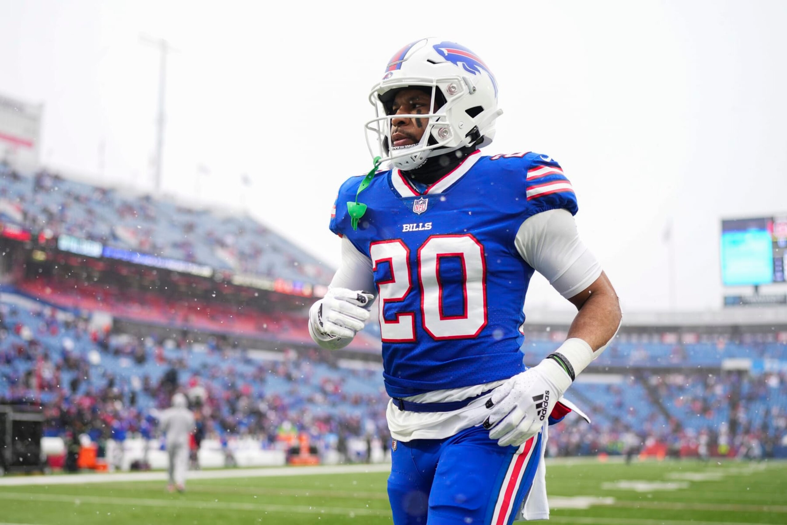 ORCHARD PARK, NY - JANUARY 22: Nyheim Hines #20 of the Buffalo Bills warms up against the Cincinnati Bengals at Highmark Stadium on January 22, 2023 in Orchard Park, New York. (Photo by Cooper Neill/Getty Images)