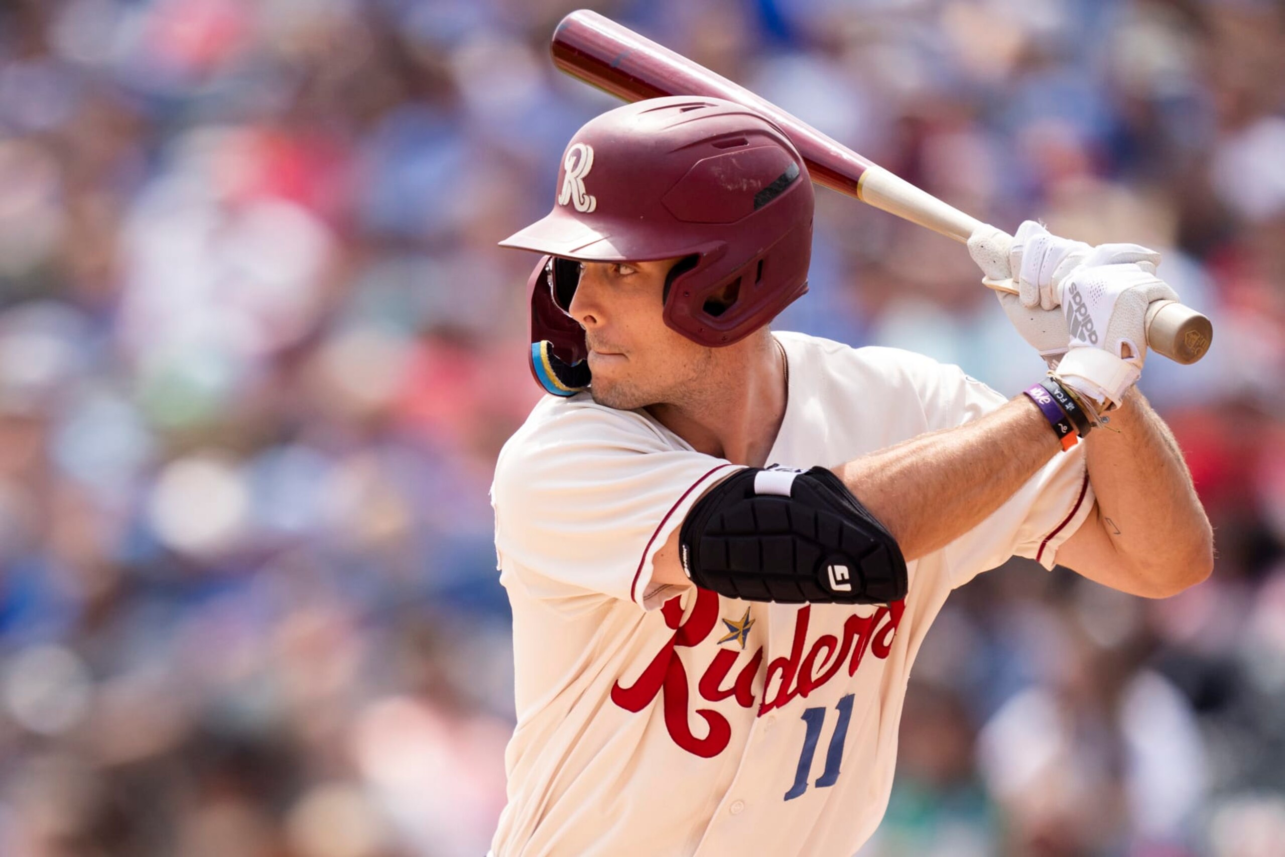 FRISCO, TEXAS - MAY 16: Evan Carter #11 of the Frisco RoughRiders bats during a game against the Amarillo Sod Poodles at Riders Field on May 16, 2023 in Frisco, Texas. (Photo by Ben Ludeman/Texas Rangers/Getty Images)