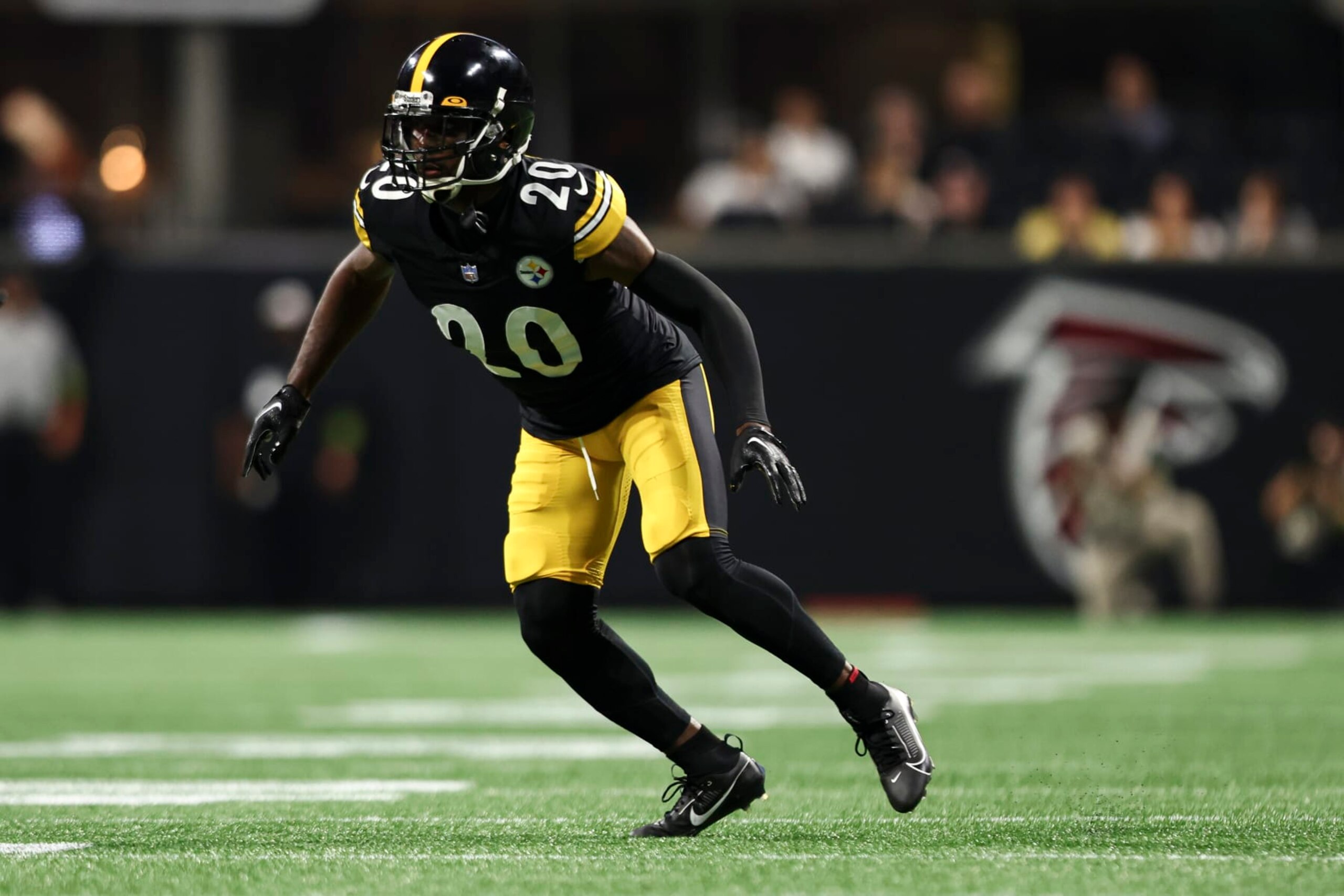 ATLANTA, GA - AUGUST 24: Patrick Peterson #20 of the Pittsburgh Steelers defends in pass coverage during an NFL preseason football game against the Atlanta Falcons at Mercedes-Benz Stadium on August 24, 2023 in Atlanta, Georgia. (Photo by Kevin Sabitus/Getty Images)