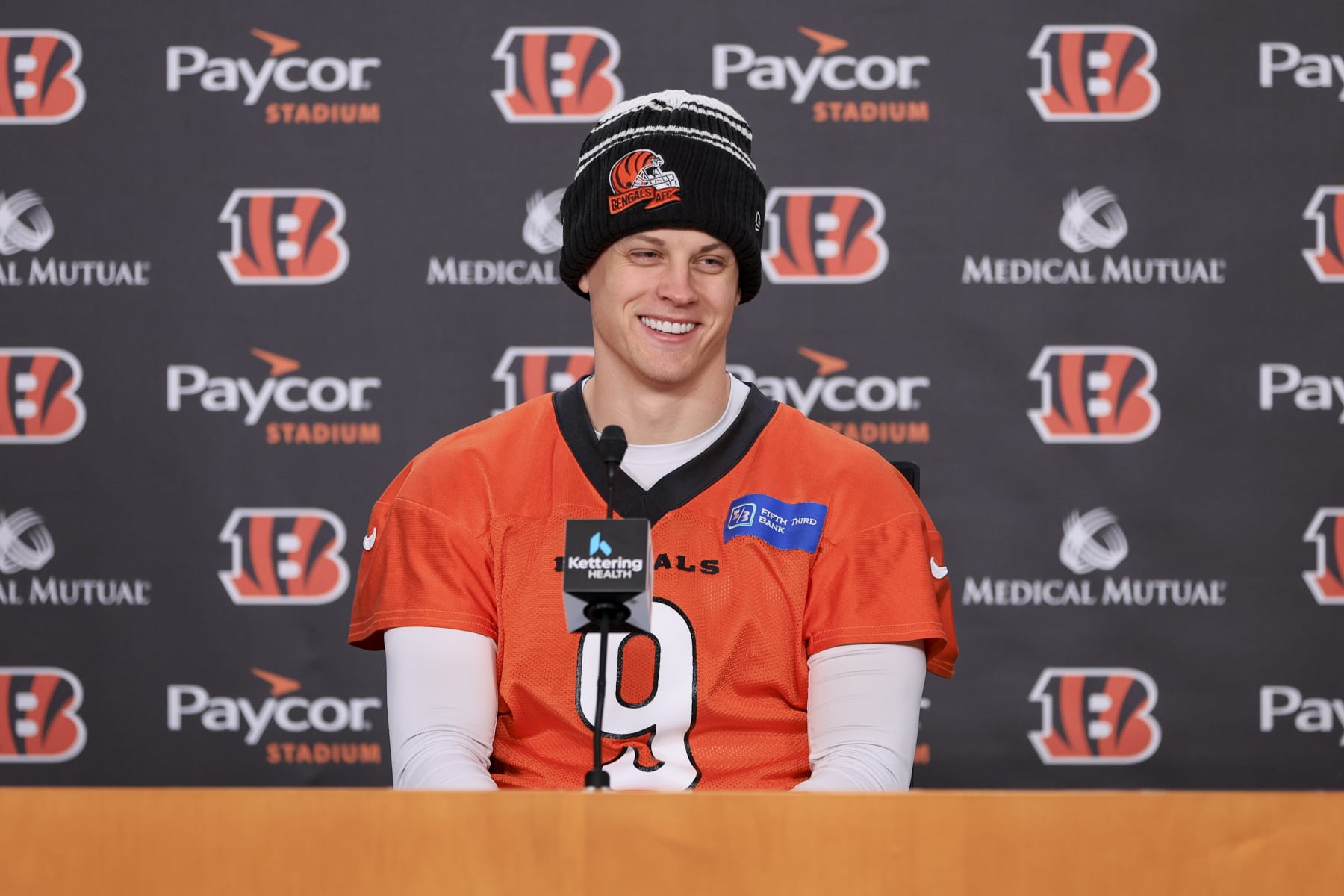 Cincinnati Bengals quarterback Joe Burrow speaks with the media, Friday, Jan. 27, 2023, in Cincinnati. The Bengals are scheduled to play the Kansas City Chiefs Sunday in the NFL football AFC championship game. (AP Photo/Aaron Doster)