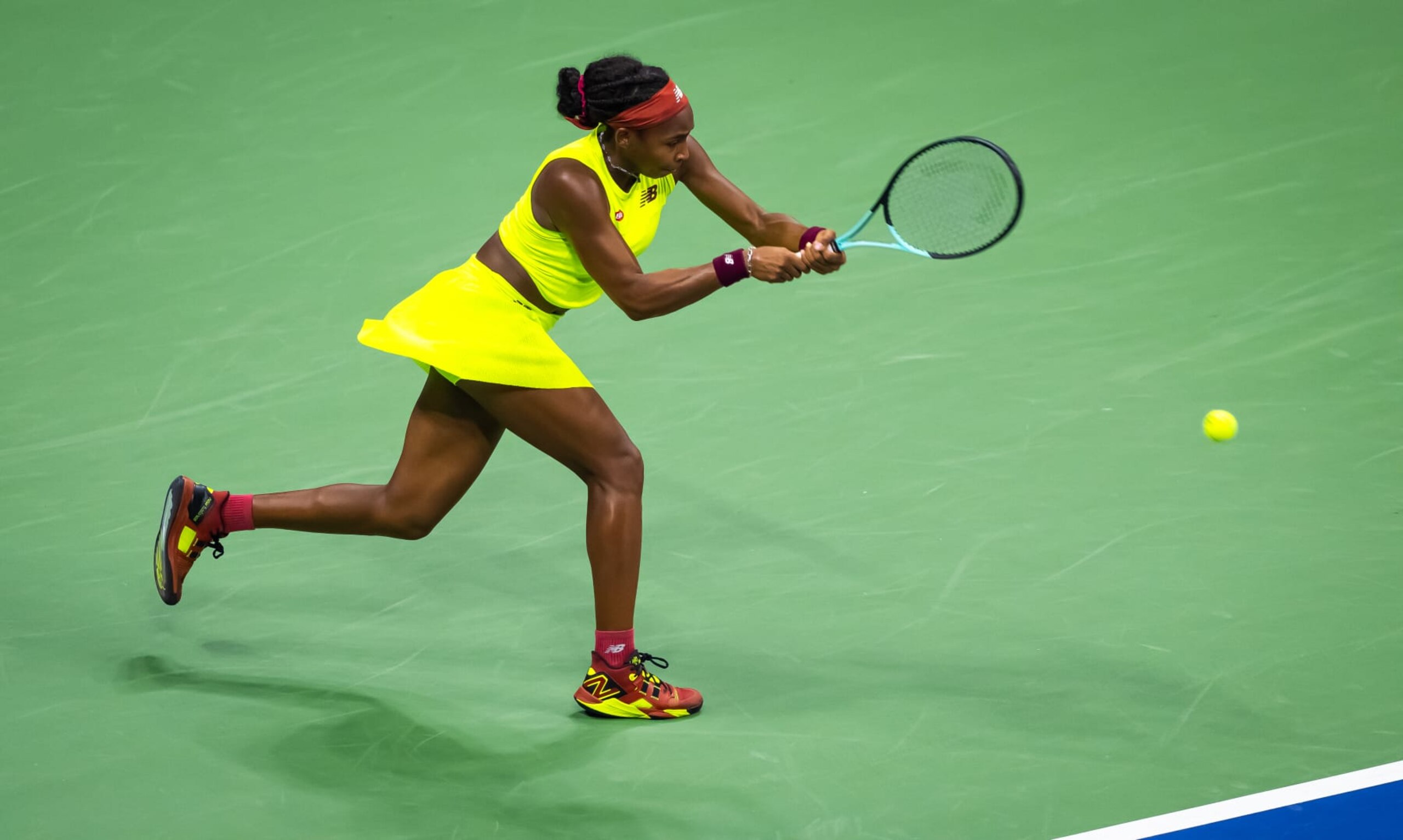 NEW YORK, NEW YORK - SEPTEMBER 07: Coco Gauff of the United States in action against Karolina Muchova of the Czech Republic in the semi-final on Day 11 of the US Open at USTA Billie Jean King National Tennis Center on September 07, 2023 in New York City (Photo by Robert Prange/Getty Images)