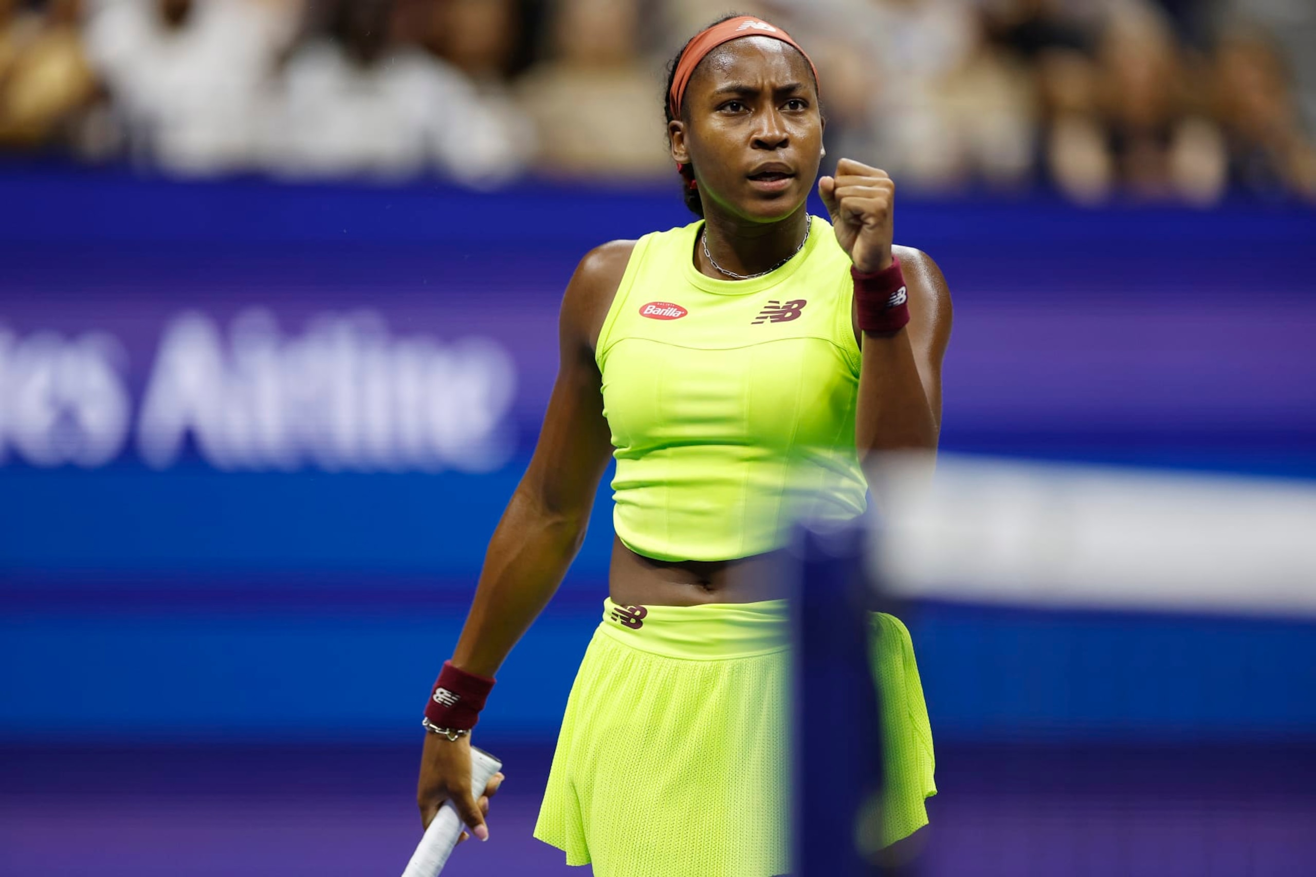 NEW YORK, NEW YORK - SEPTEMBER 07: Coco Gauff of the United States reacts during her Women's Singles Semifinal match against Karolina Muchova of the Czech Republic on Day Eleven of the 2023 US Open at the USTA Billie Jean King National Tennis Center on September 07, 2023 in the Flushing neighborhood of the Queens borough of New York City. (Photo by Sarah Stier/Getty Images)